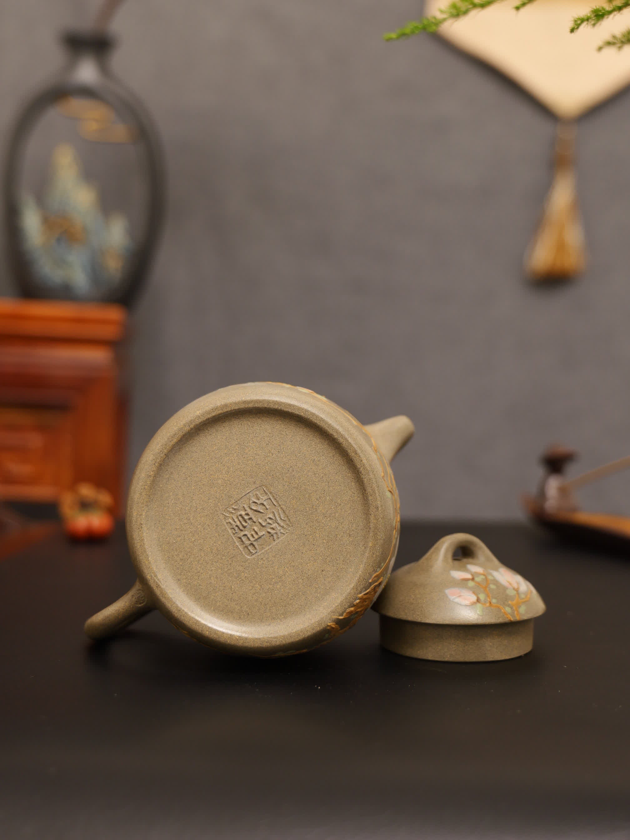 Magpie on Plum Branch Clay-Painting Fully Handmade Sharkskin Green Clay 'Qin Quan' Yixing Teapot
