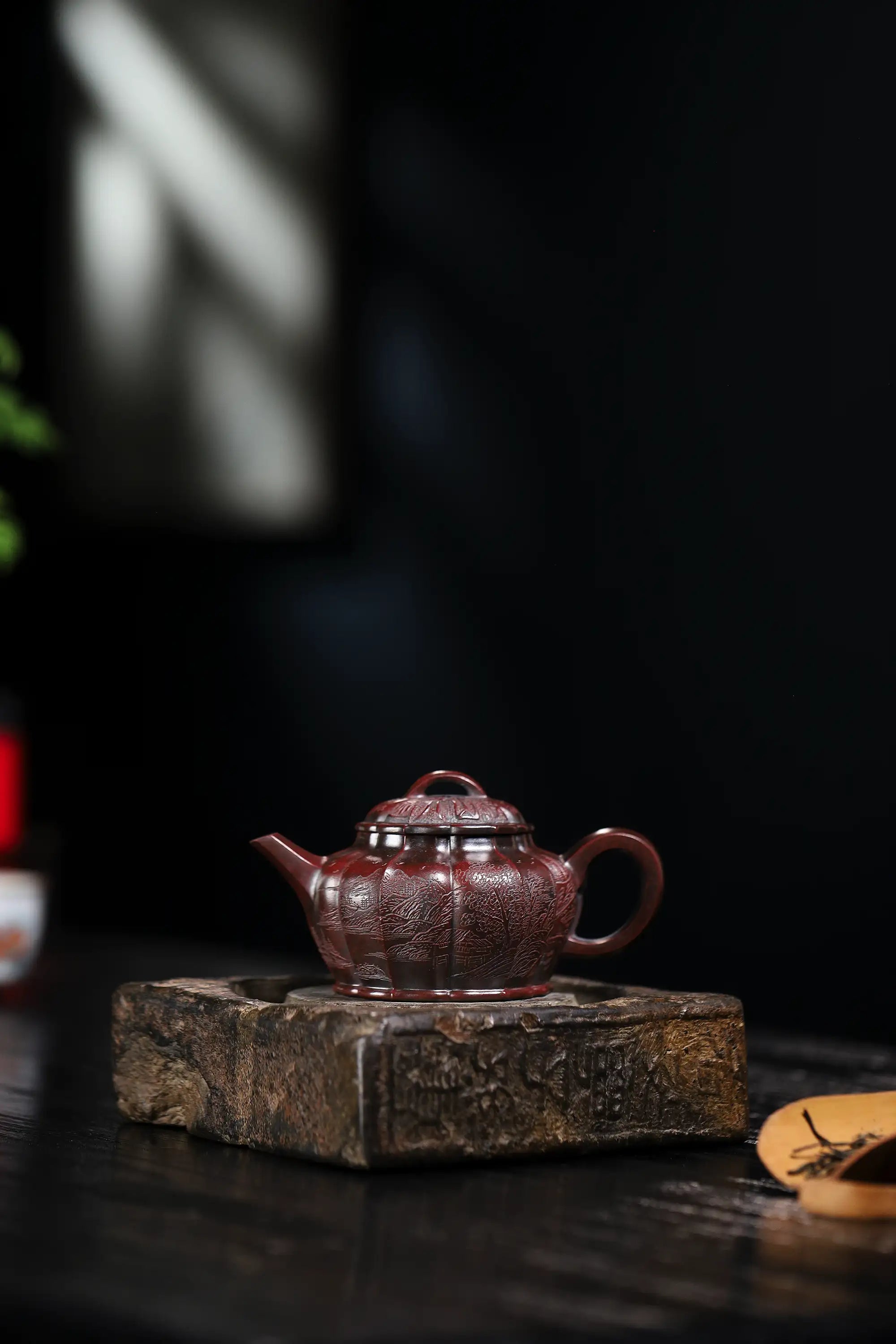 Mountain Stream Journey Carving Fully Handmade Zijinsha-Purple Clay Ribbed Yixing Teapot