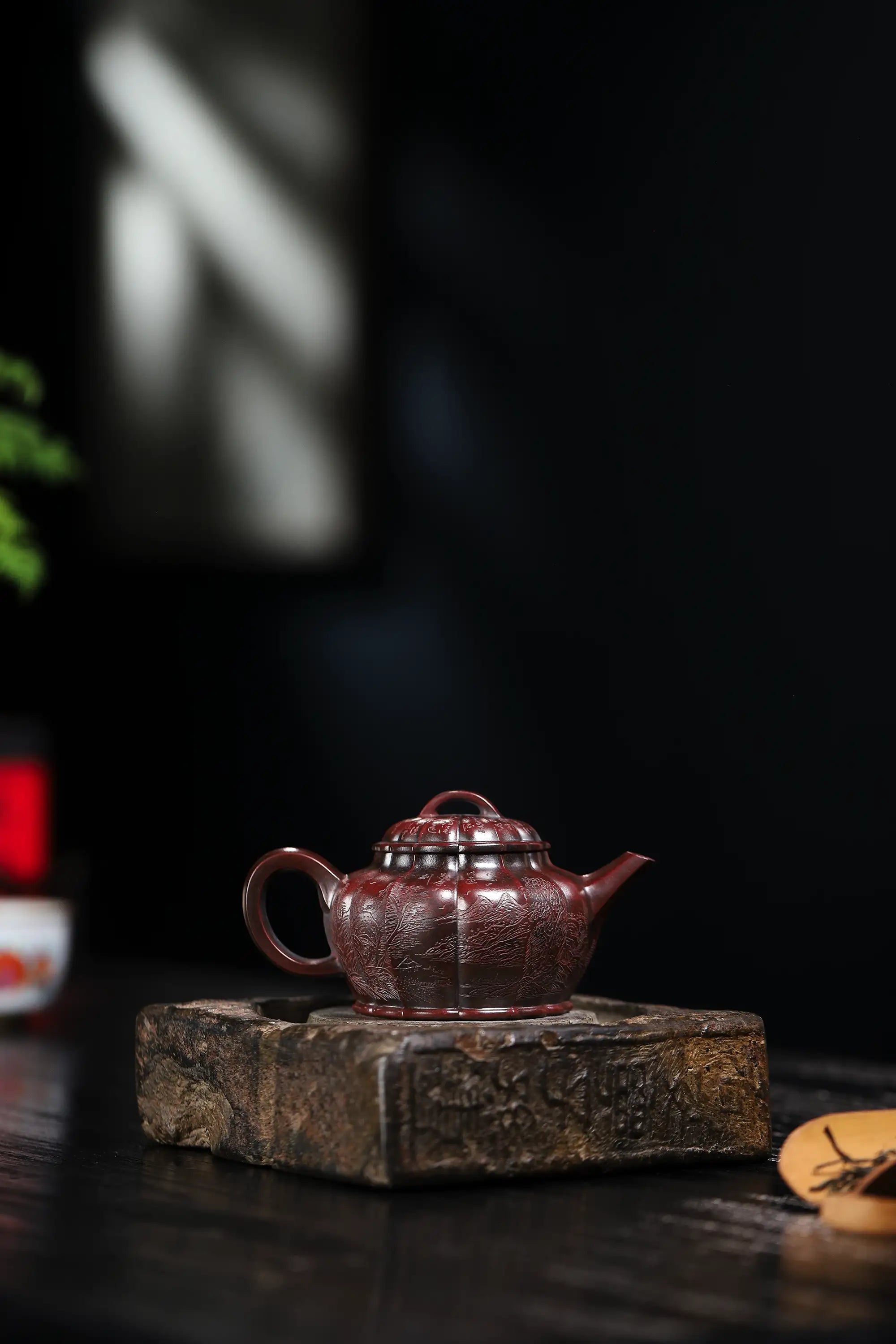 Mountain Stream Journey Carving Fully Handmade Zijinsha-Purple Clay Ribbed Yixing Teapot