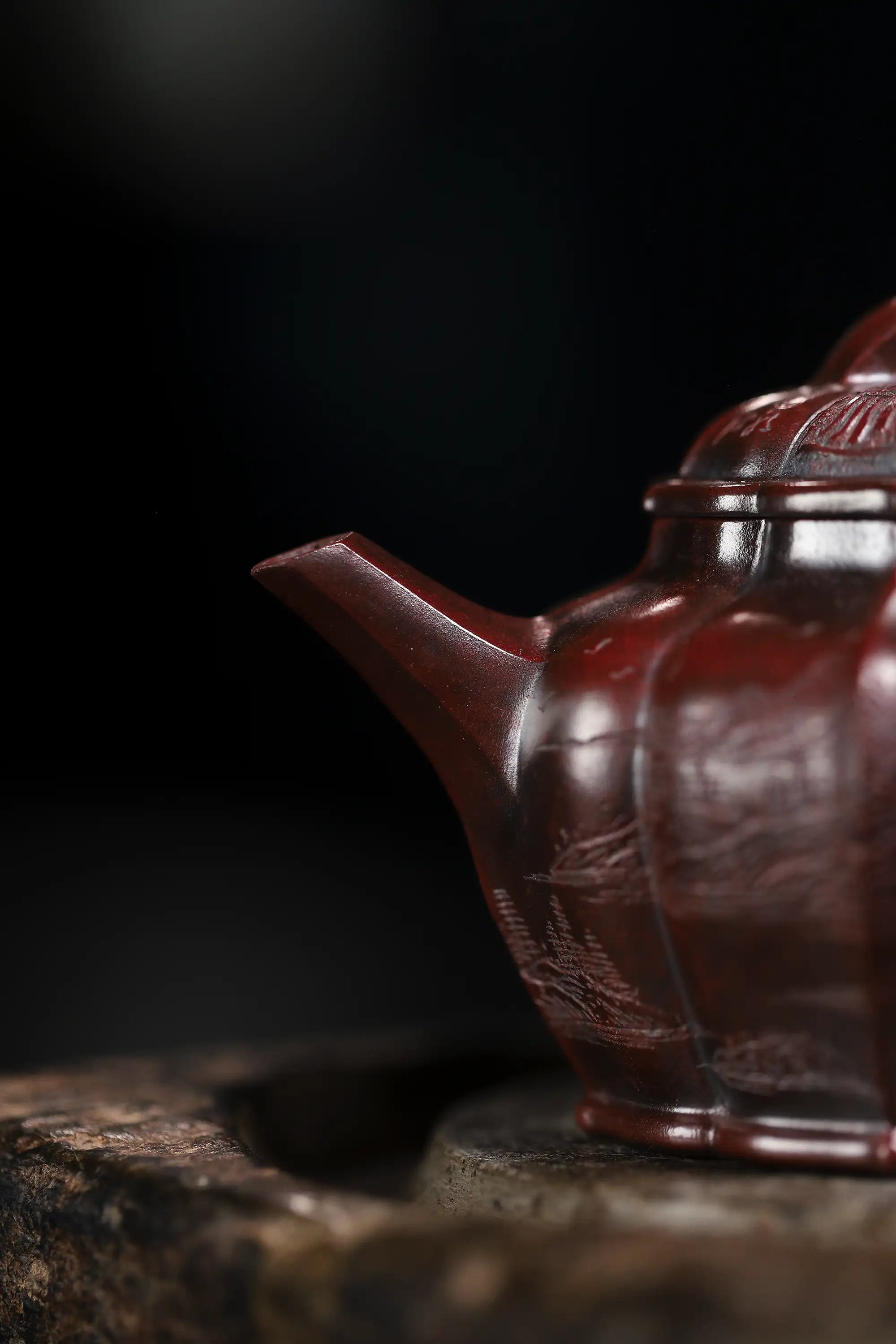 Mountain Stream Journey Carving Fully Handmade Zijinsha-Purple Clay Ribbed Yixing Teapot