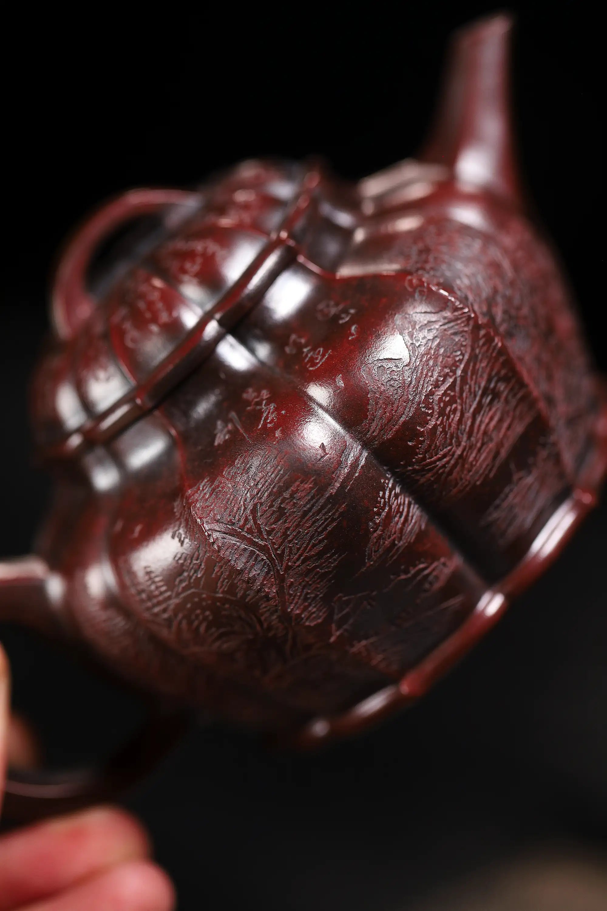 Mountain Stream Journey Carving Fully Handmade Zijinsha-Purple Clay Ribbed Yixing Teapot