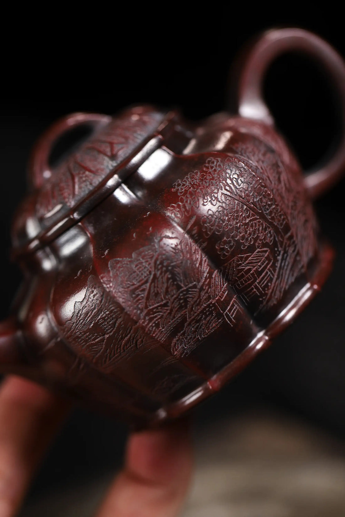Mountain Stream Journey Carving Fully Handmade Zijinsha-Purple Clay Ribbed Yixing Teapot