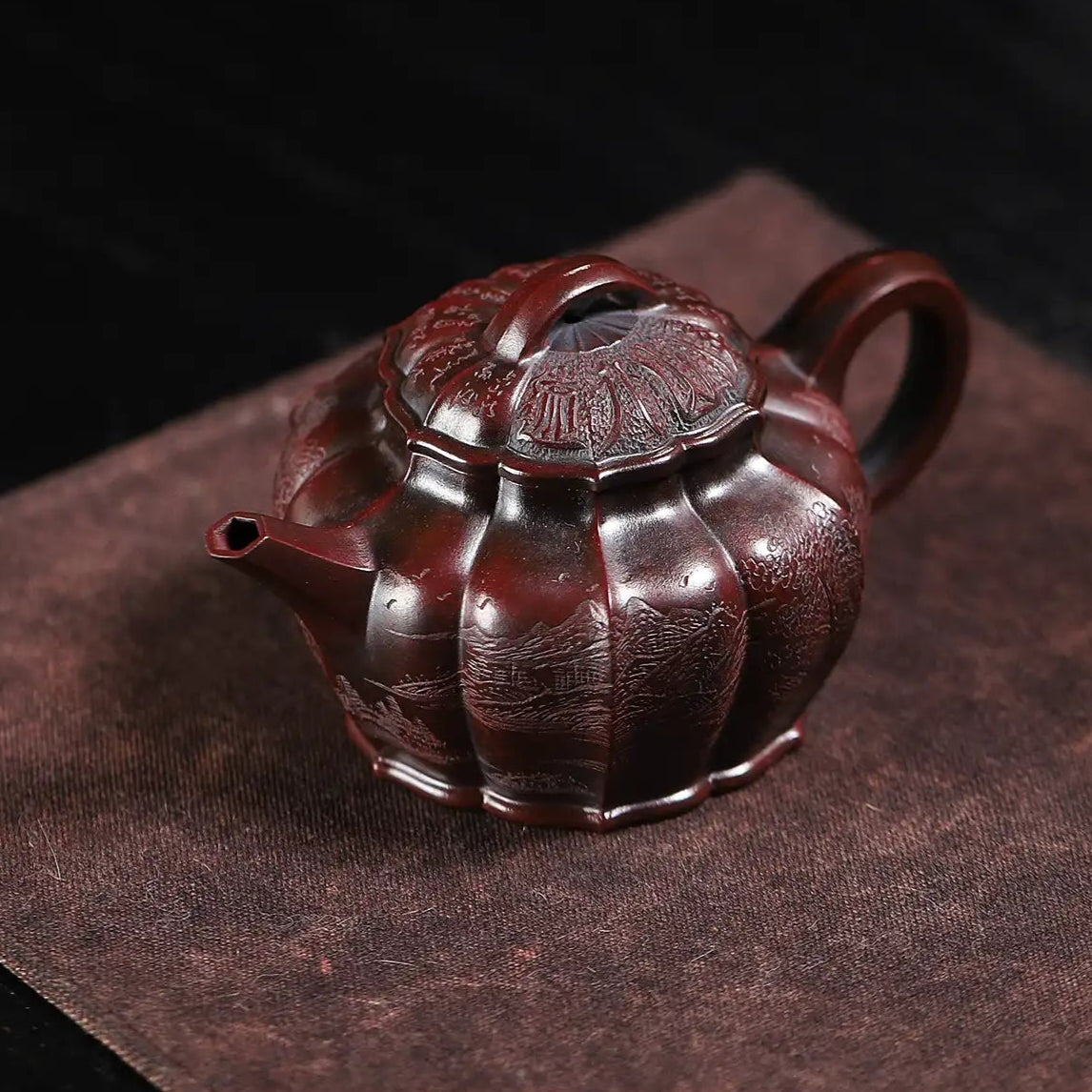 Mountain Stream Journey Carving Fully Handmade Zijinsha-Purple Clay Ribbed Yixing Teapot