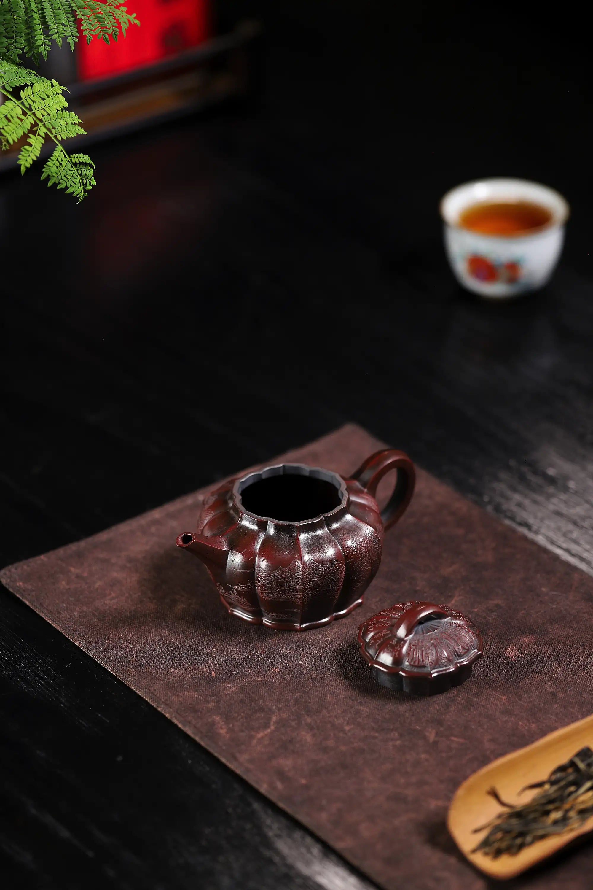 Mountain Stream Journey Carving Fully Handmade Zijinsha-Purple Clay Ribbed Yixing Teapot