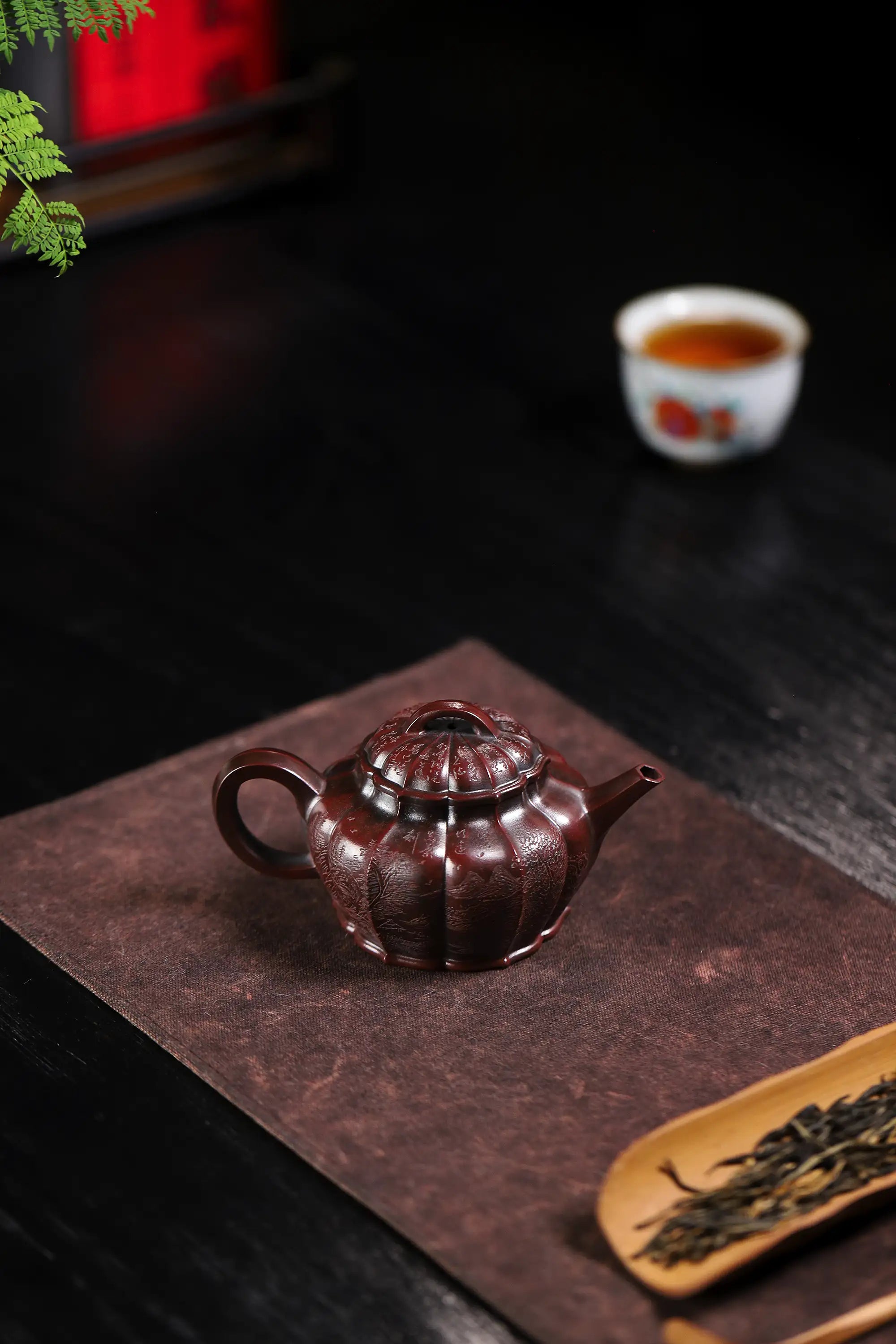 Mountain Stream Journey Carving Fully Handmade Zijinsha-Purple Clay Ribbed Yixing Teapot