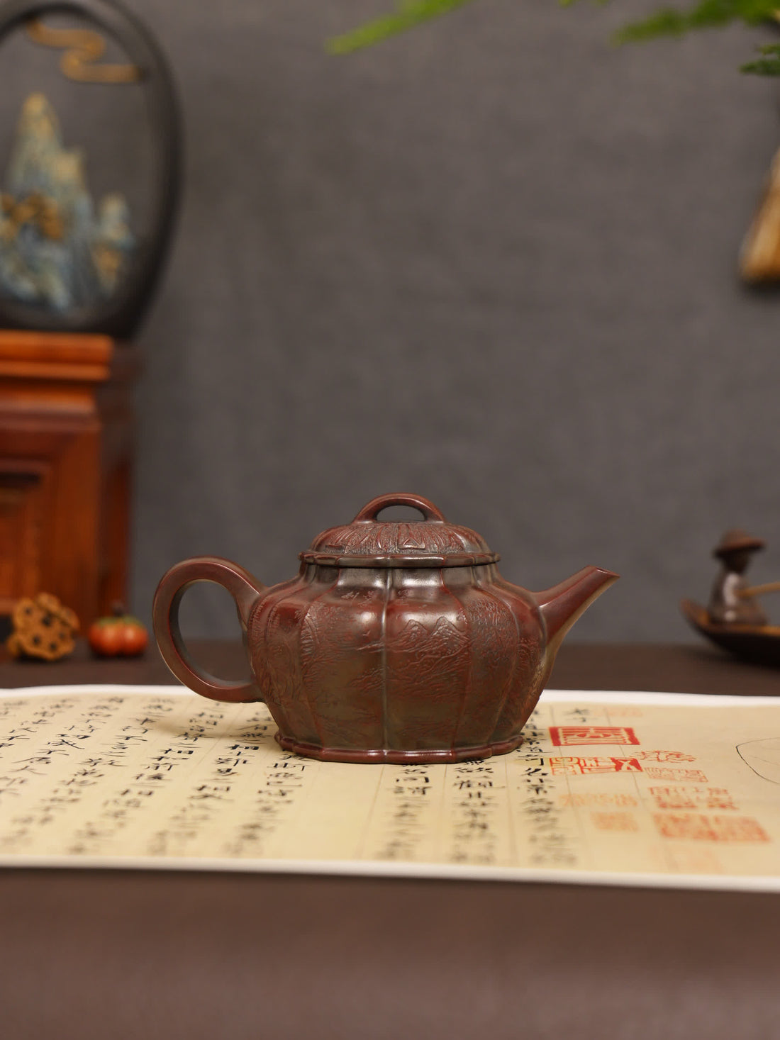 Mountain Stream Journey Carving Fully Handmade Zijinsha-Purple Clay Ribbed Yixing Teapot