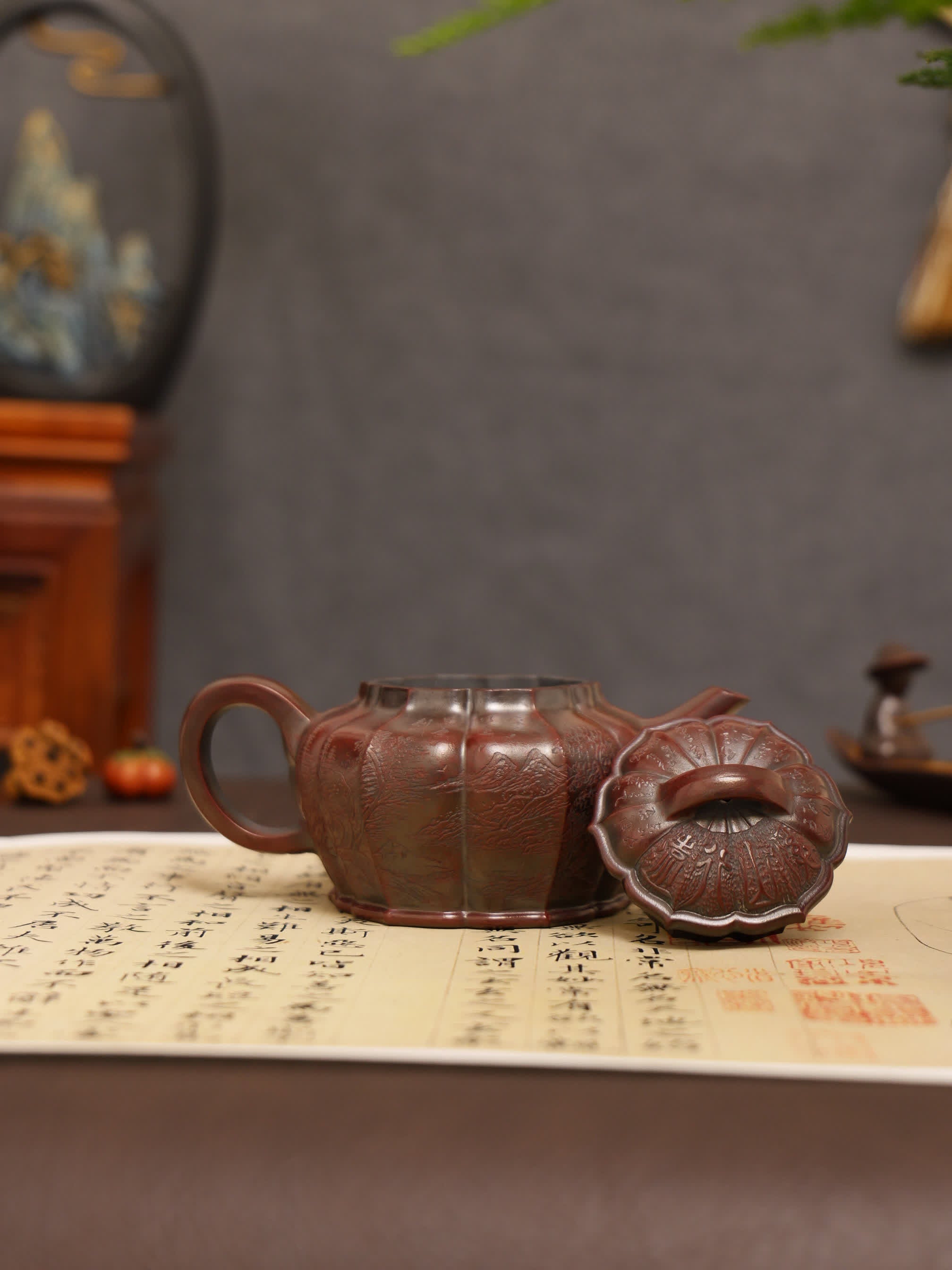 Mountain Stream Journey Carving Fully Handmade Zijinsha-Purple Clay Ribbed Yixing Teapot