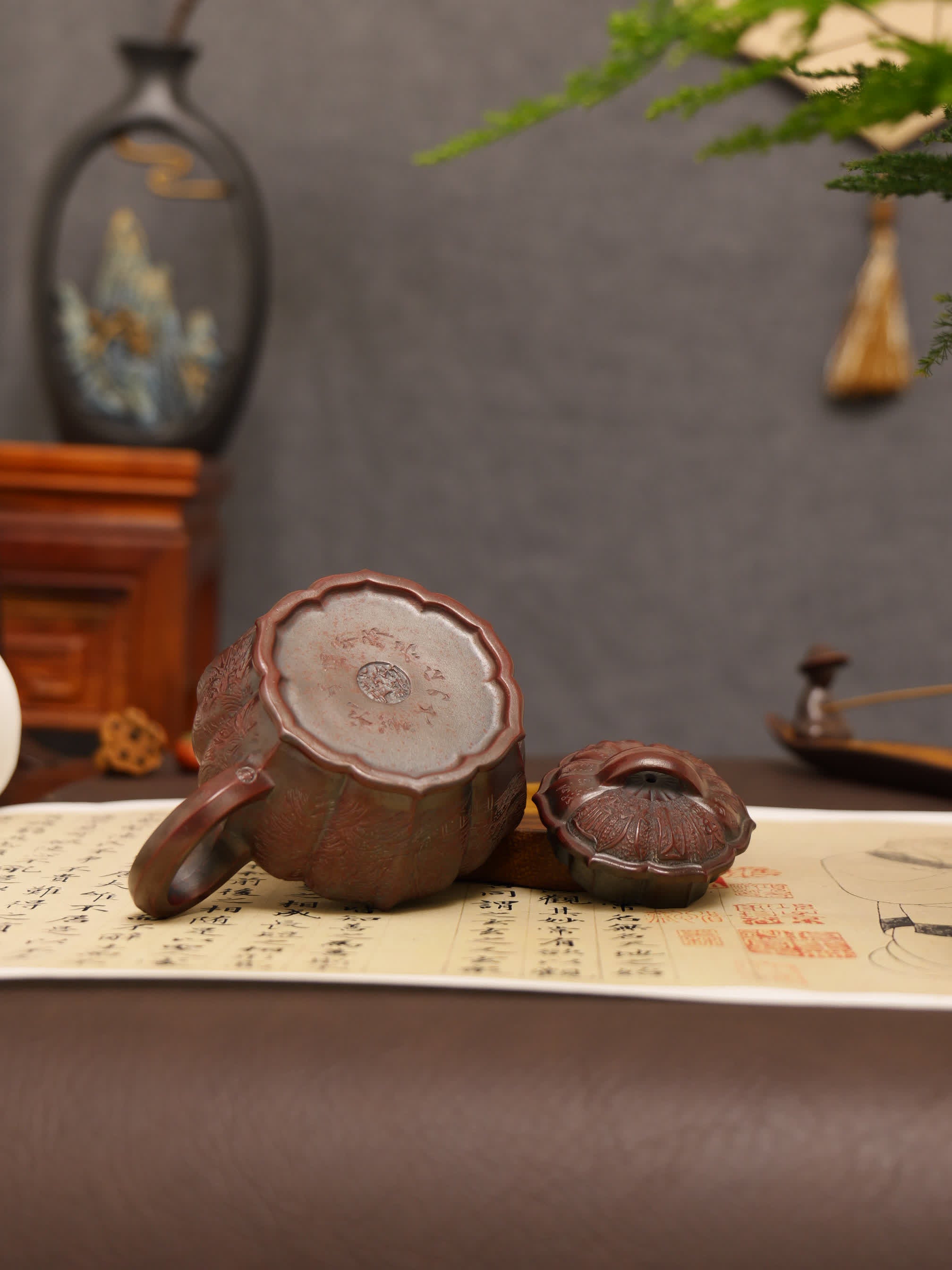Mountain Stream Journey Carving Fully Handmade Zijinsha-Purple Clay Ribbed Yixing Teapot