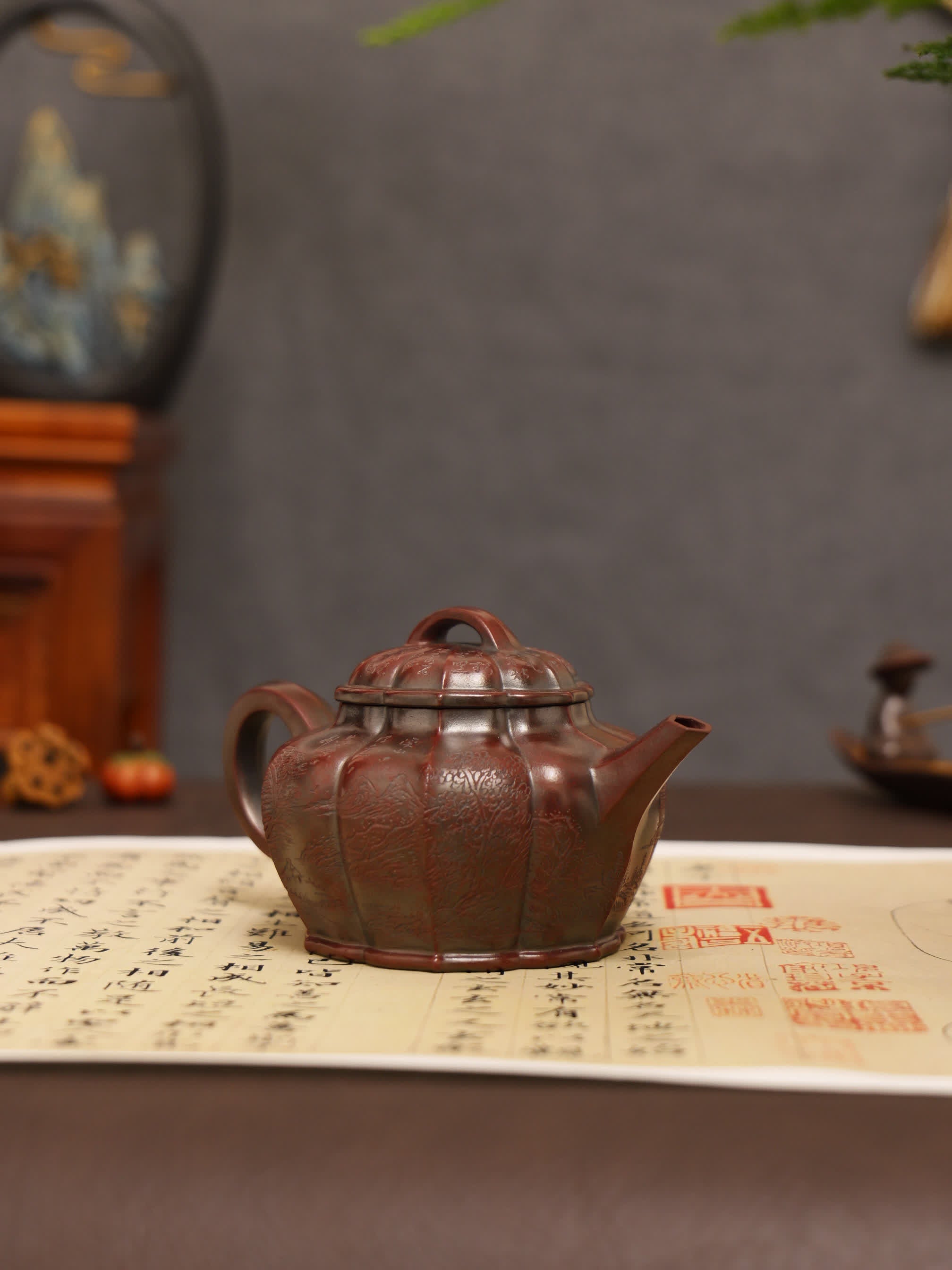 Mountain Stream Journey Carving Fully Handmade Zijinsha-Purple Clay Ribbed Yixing Teapot