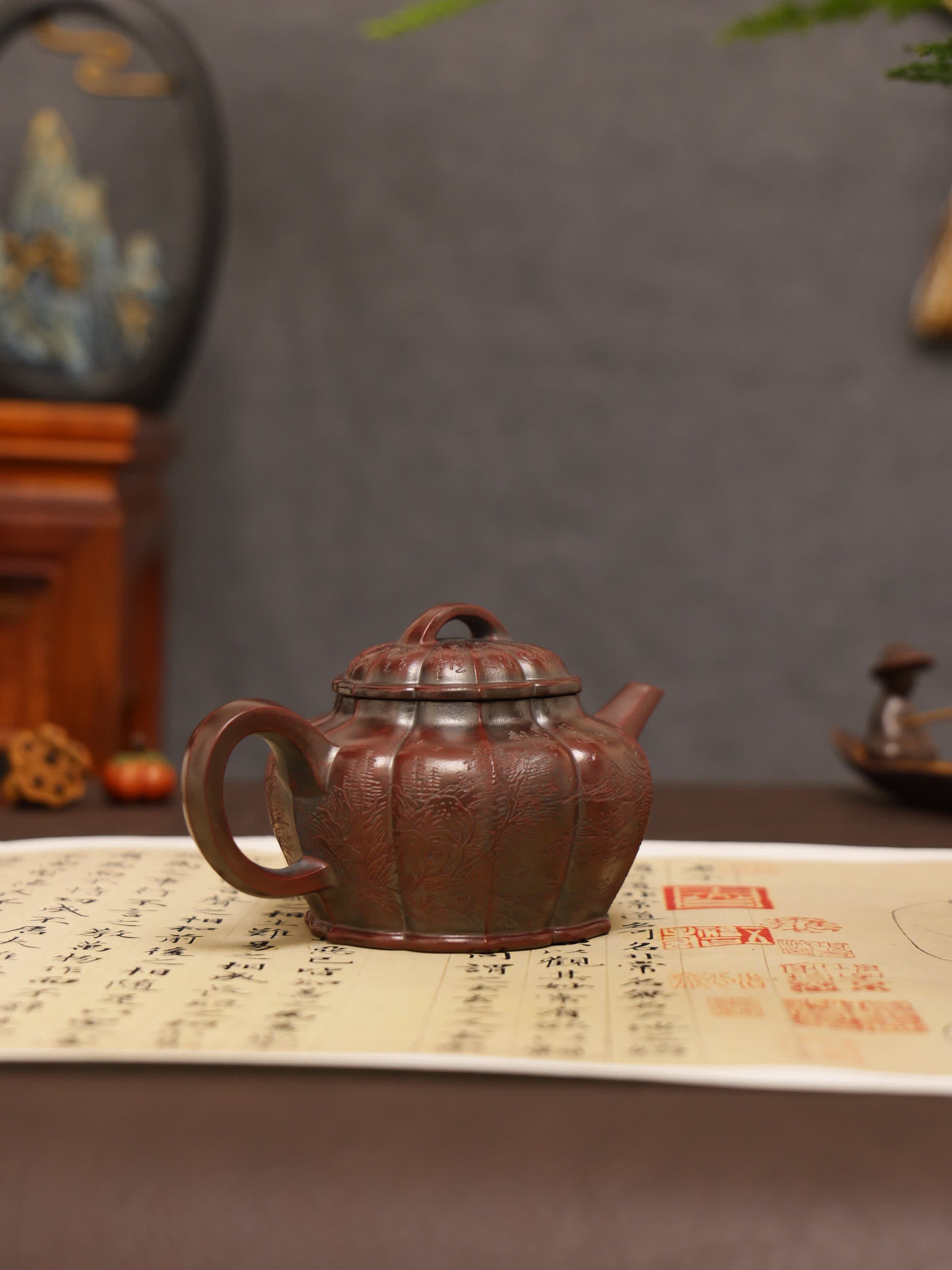 Mountain Stream Journey Carving Fully Handmade Zijinsha-Purple Clay Ribbed Yixing Teapot