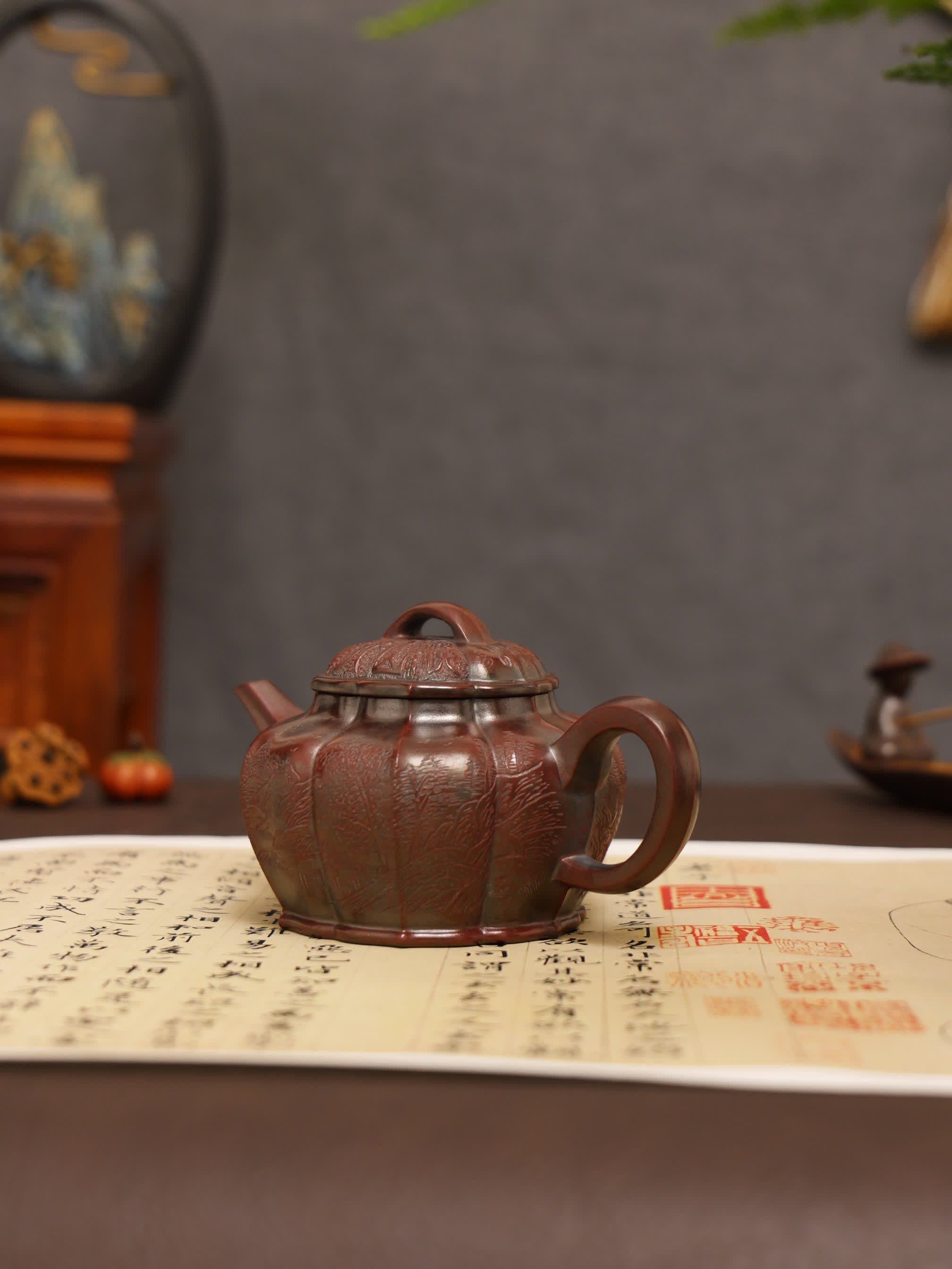 Mountain Stream Journey Carving Fully Handmade Zijinsha-Purple Clay Ribbed Yixing Teapot