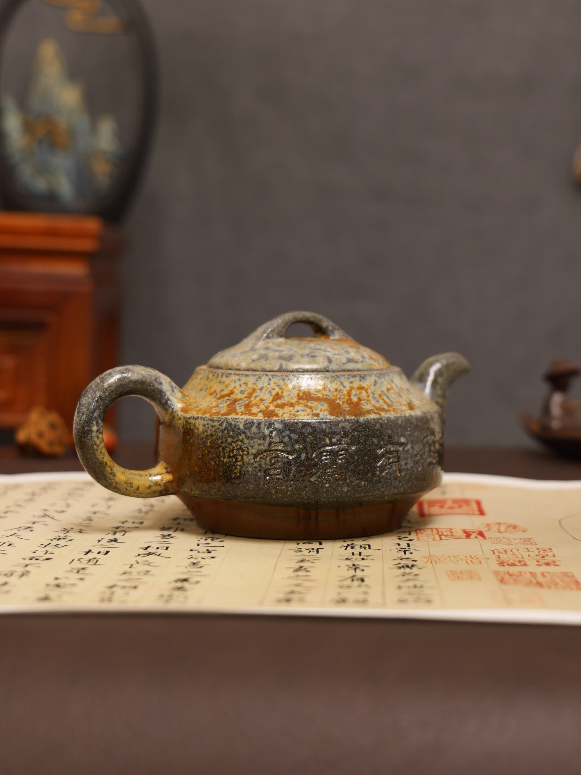 Orchid Carving Fully Handmade Purple Clay 'Hanjun' Yixing Teapot