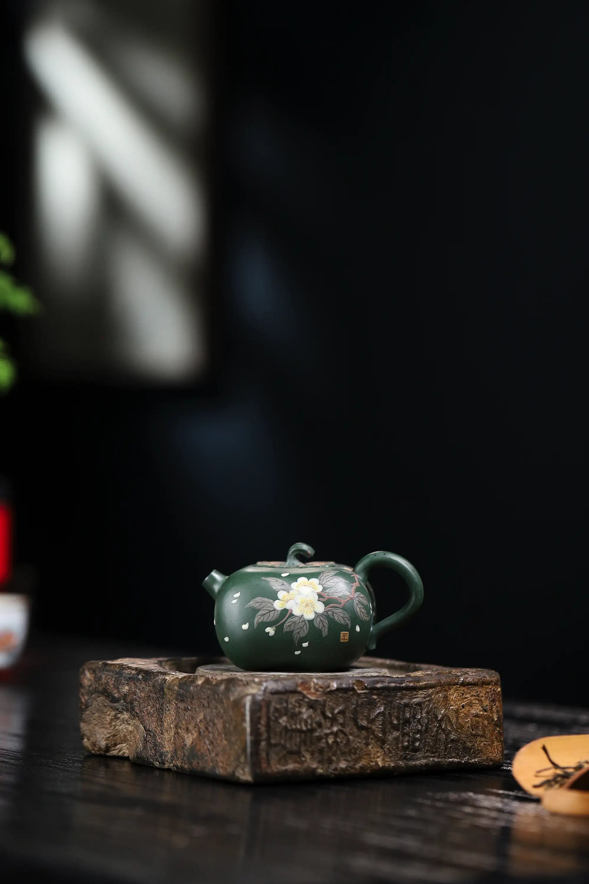 Pear Blossom Painting Fully Handmade Aged Green Clay 'Persimmon Auspiciousness' Yixing Teapot