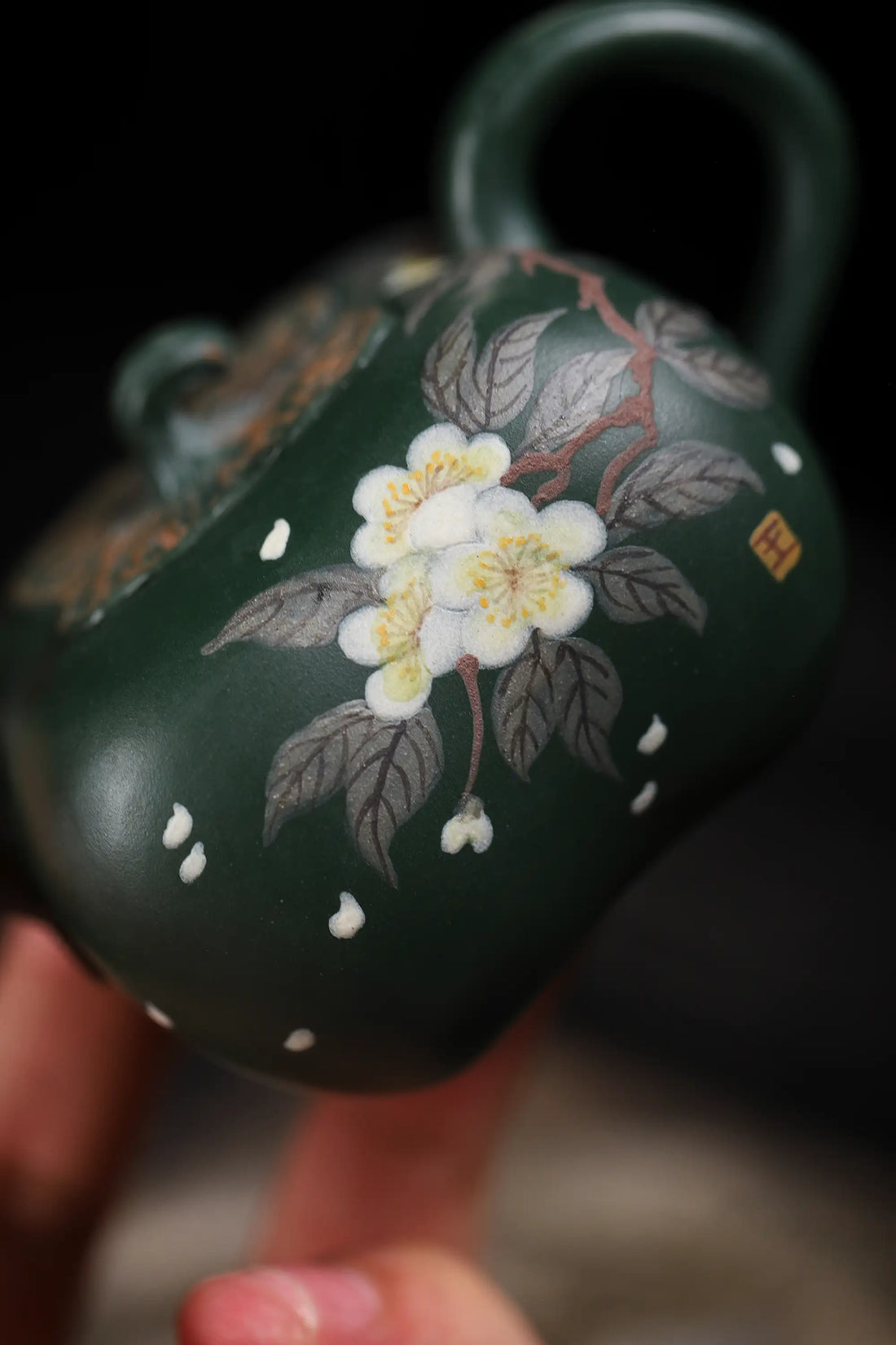 Pear Blossom Painting Fully Handmade Aged Green Clay 'Persimmon Auspiciousness' Yixing Teapot