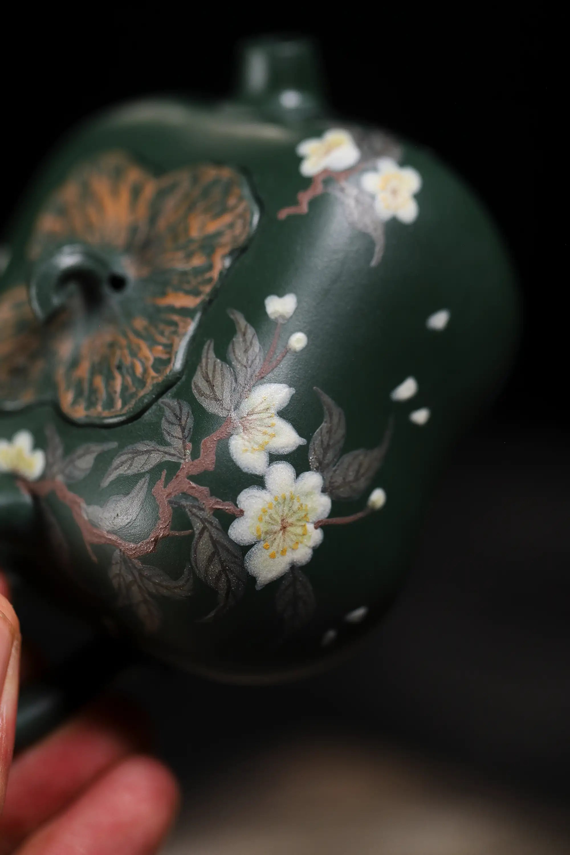Pear Blossom Painting Fully Handmade Aged Green Clay 'Persimmon Auspiciousness' Yixing Teapot