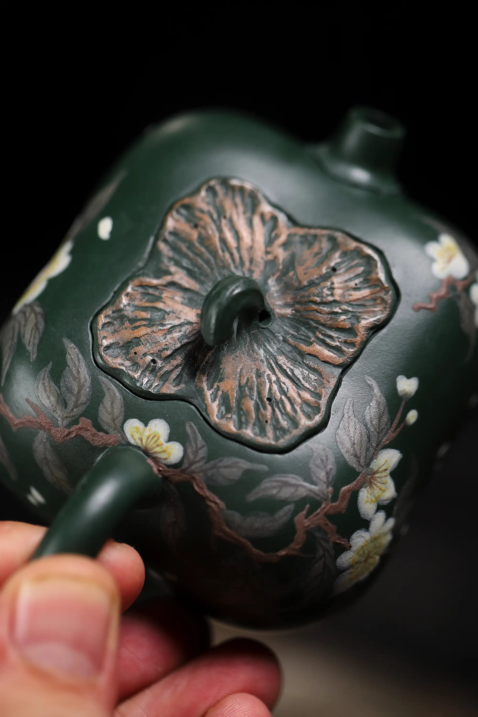Pear Blossom Painting Fully Handmade Aged Green Clay 'Persimmon Auspiciousness' Yixing Teapot