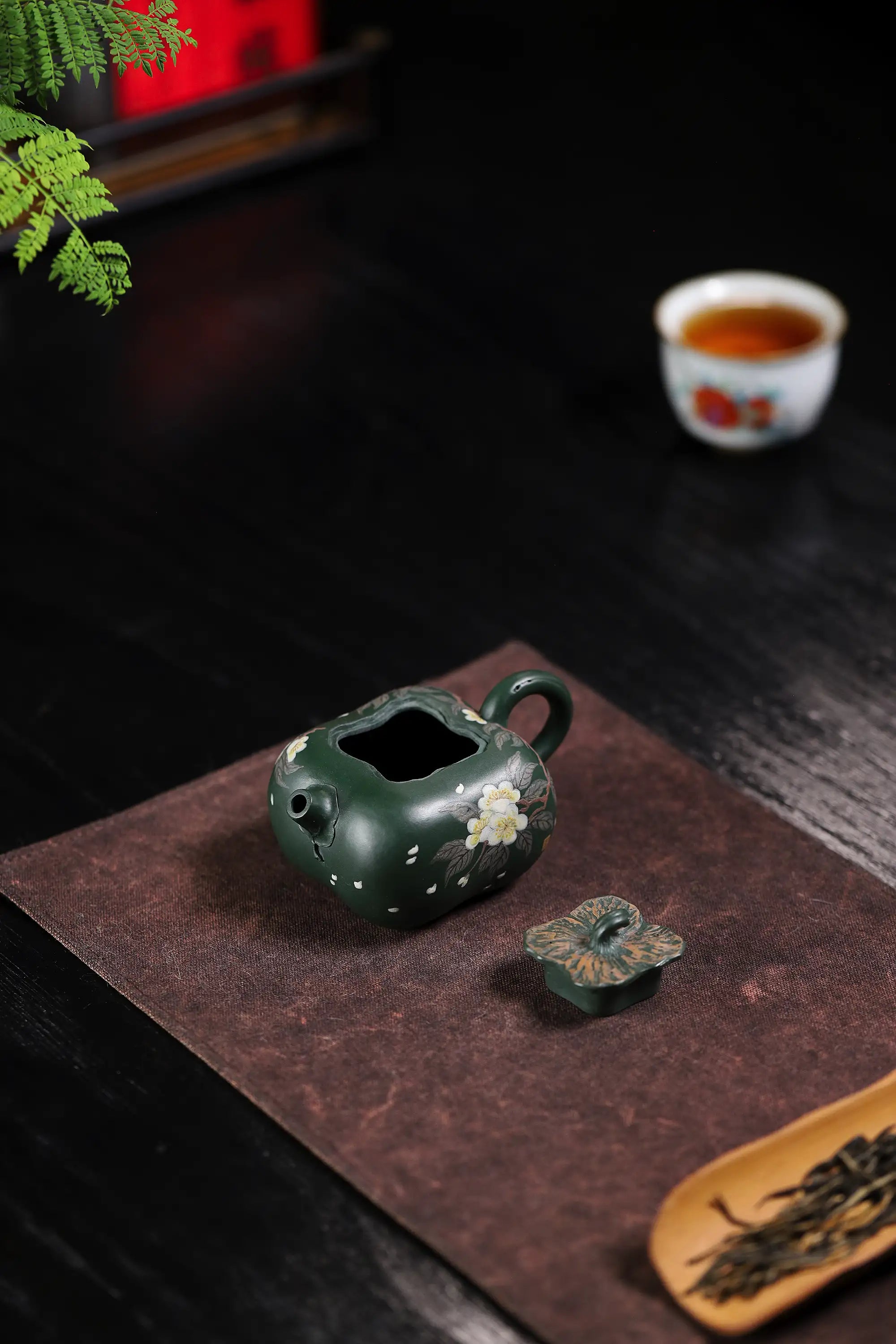 Pear Blossom Painting Fully Handmade Aged Green Clay 'Persimmon Auspiciousness' Yixing Teapot