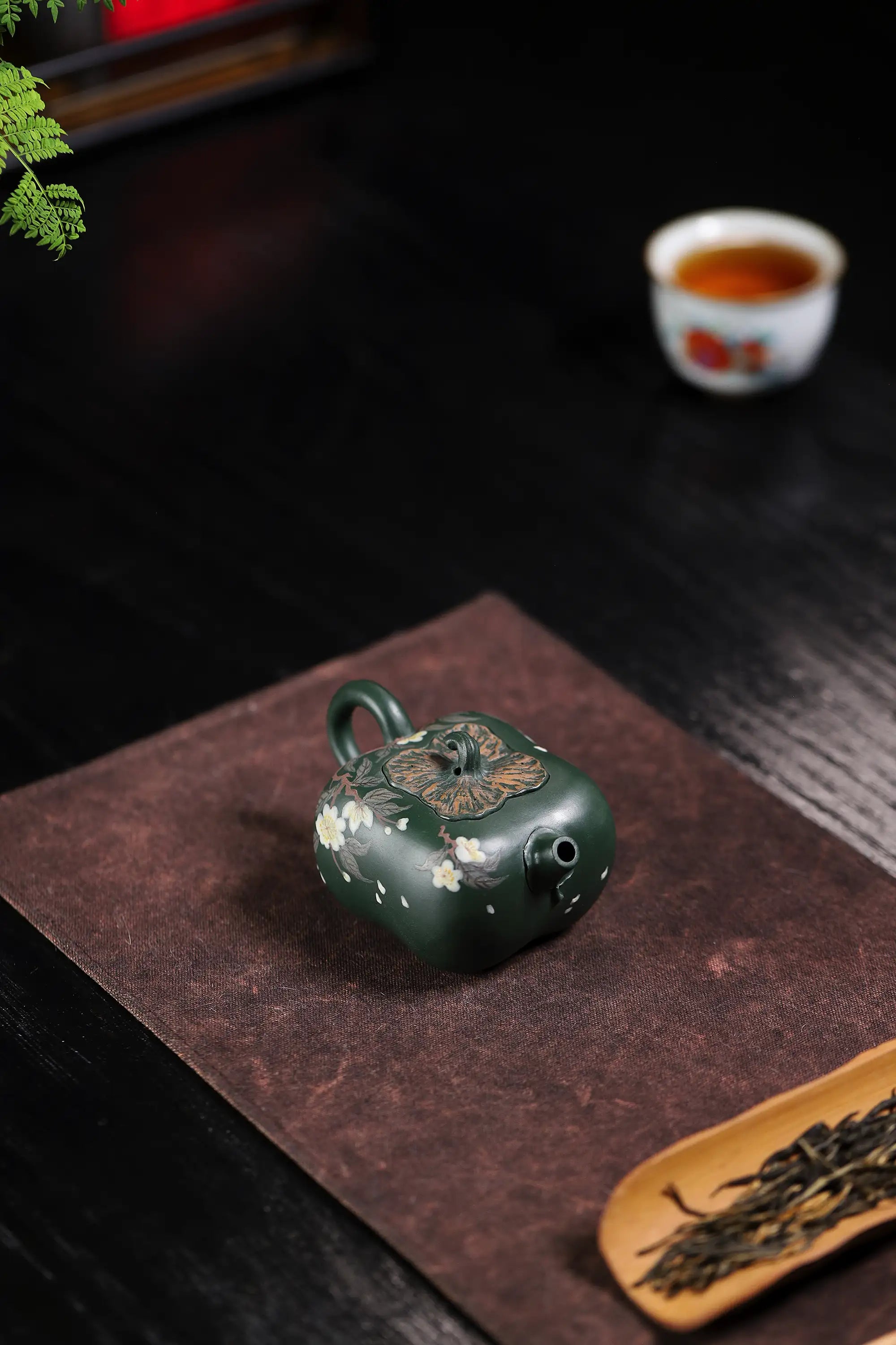 Pear Blossom Painting Fully Handmade Aged Green Clay 'Persimmon Auspiciousness' Yixing Teapot