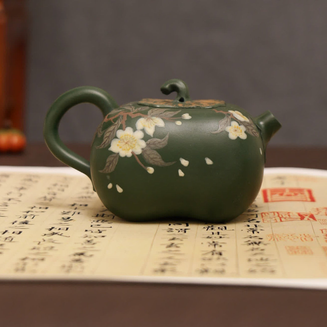 Pear Blossom Painting Fully Handmade Aged Green Clay 'Persimmon Auspiciousness' Yixing Teapot