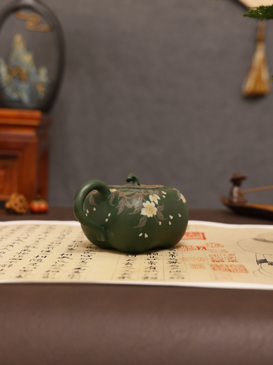 Pear Blossom Painting Fully Handmade Aged Green Clay 'Persimmon Auspiciousness' Yixing Teapot