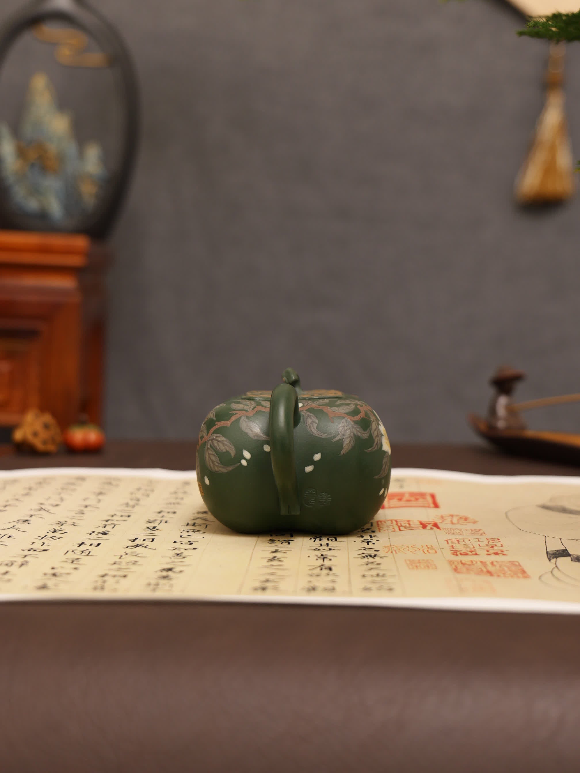 Pear Blossom Painting Fully Handmade Aged Green Clay 'Persimmon Auspiciousness' Yixing Teapot