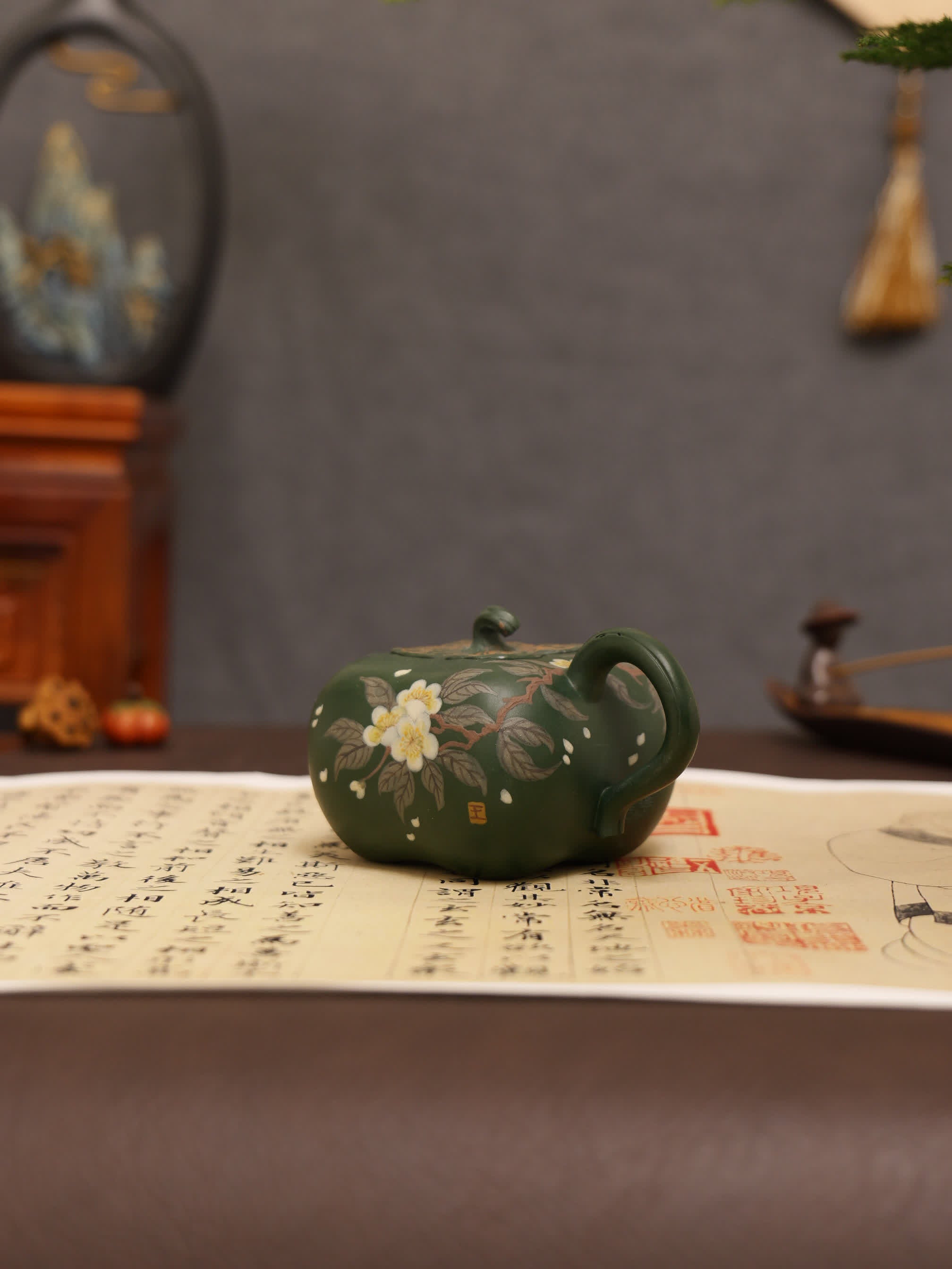 Pear Blossom Painting Fully Handmade Aged Green Clay 'Persimmon Auspiciousness' Yixing Teapot