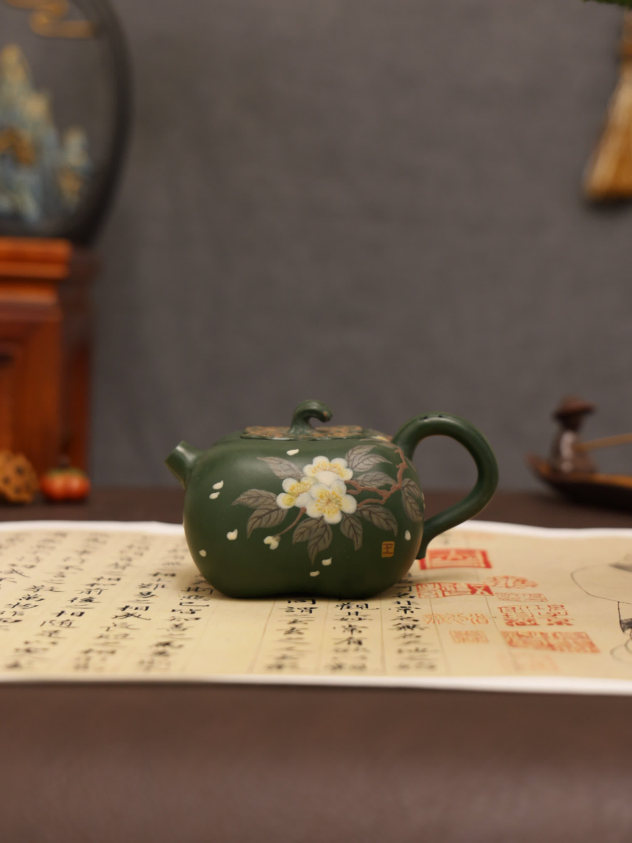 Pear Blossom Painting Fully Handmade Aged Green Clay 'Persimmon Auspiciousness' Yixing Teapot