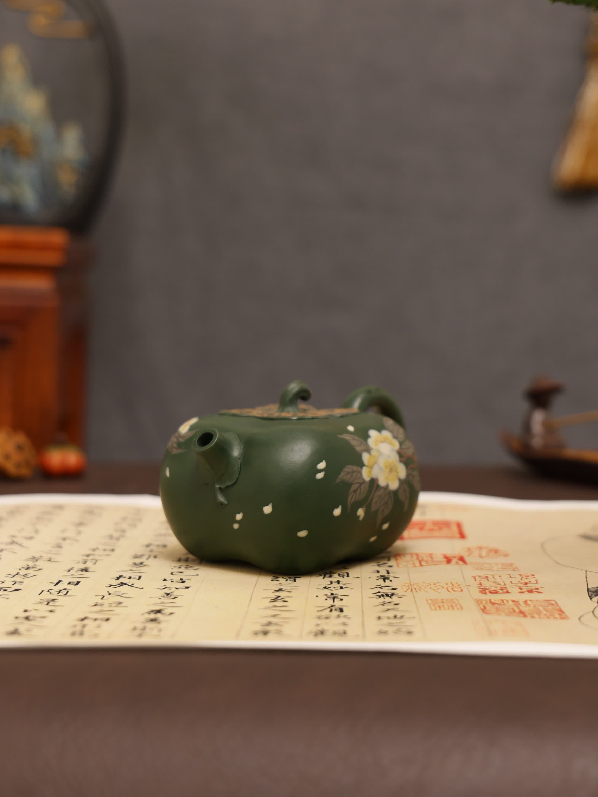 Pear Blossom Painting Fully Handmade Aged Green Clay 'Persimmon Auspiciousness' Yixing Teapot