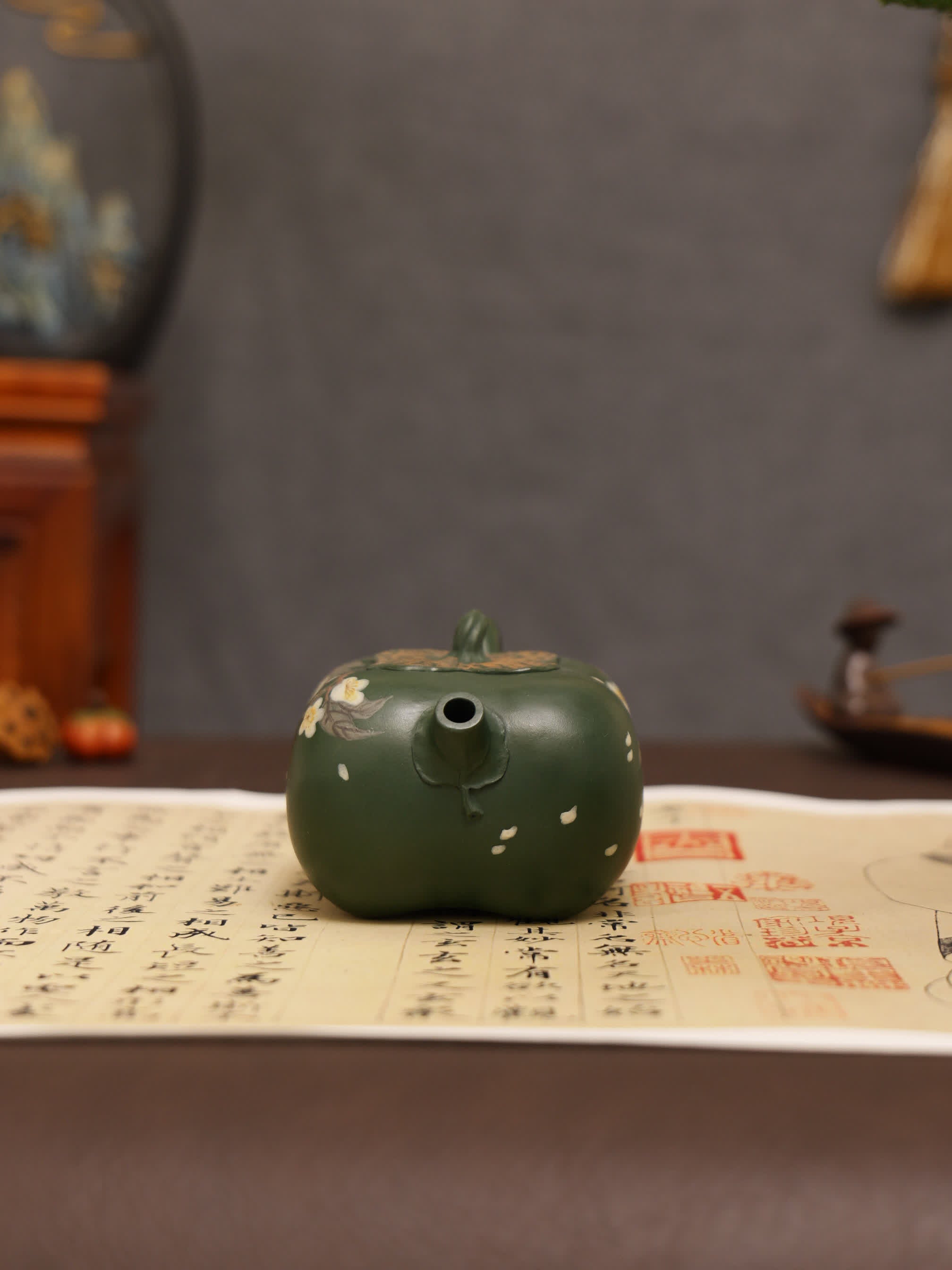 Pear Blossom Painting Fully Handmade Aged Green Clay 'Persimmon Auspiciousness' Yixing Teapot