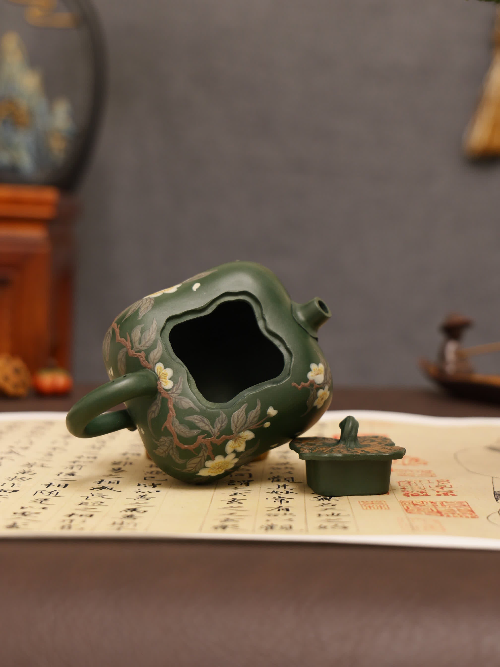 Pear Blossom Painting Fully Handmade Aged Green Clay 'Persimmon Auspiciousness' Yixing Teapot
