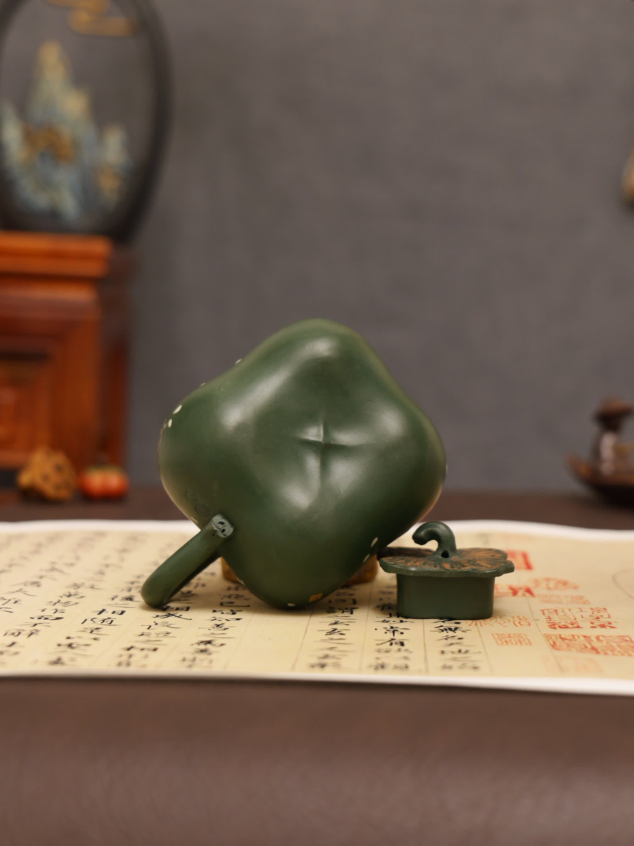 Pear Blossom Painting Fully Handmade Aged Green Clay 'Persimmon Auspiciousness' Yixing Teapot