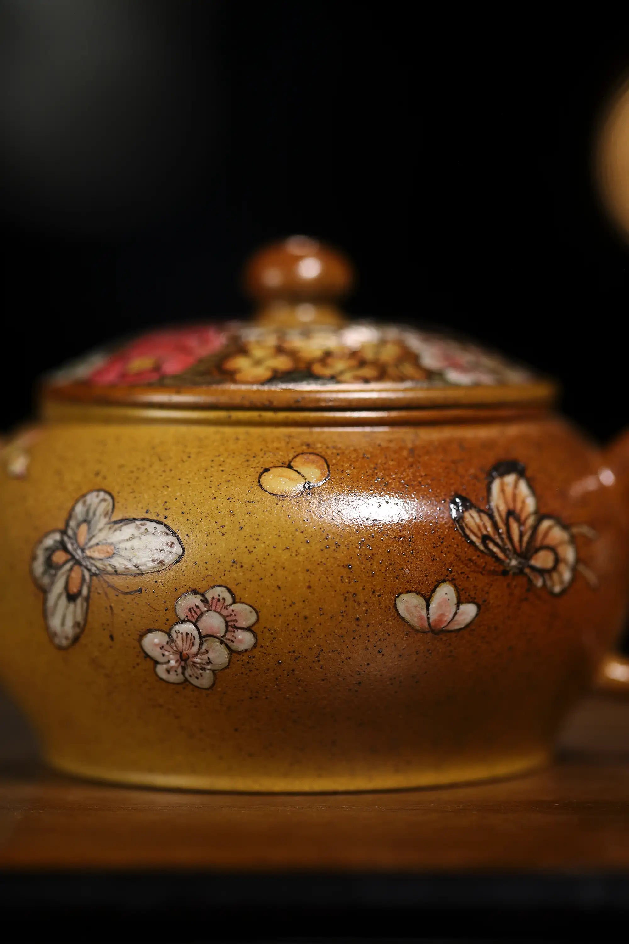 Peony & Butterfly Painting Fully Handmade Golden Duan Clay Yixing Teapot