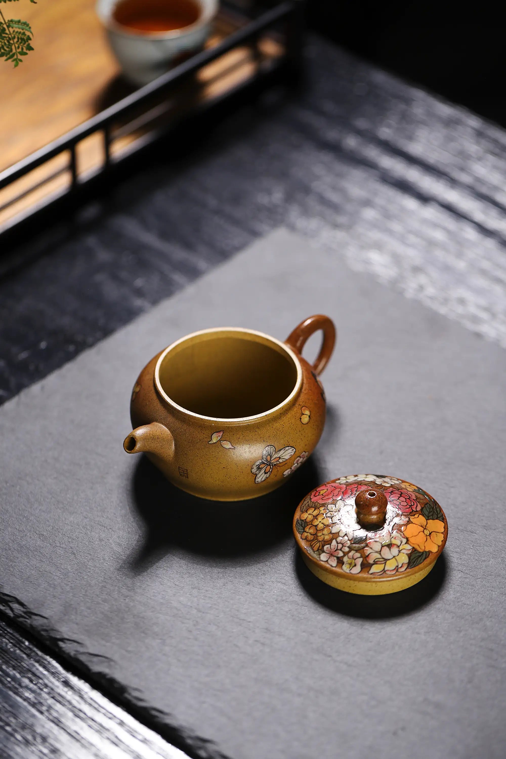 Peony & Butterfly Painting Fully Handmade Golden Duan Clay Yixing Teapot