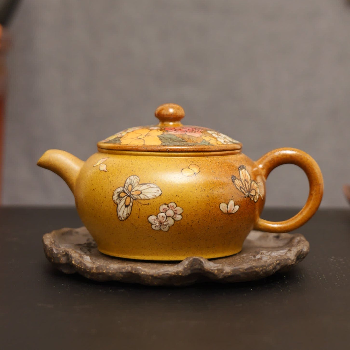 Peony & Butterfly Painting Fully Handmade Golden Duan Clay Yixing Teapot