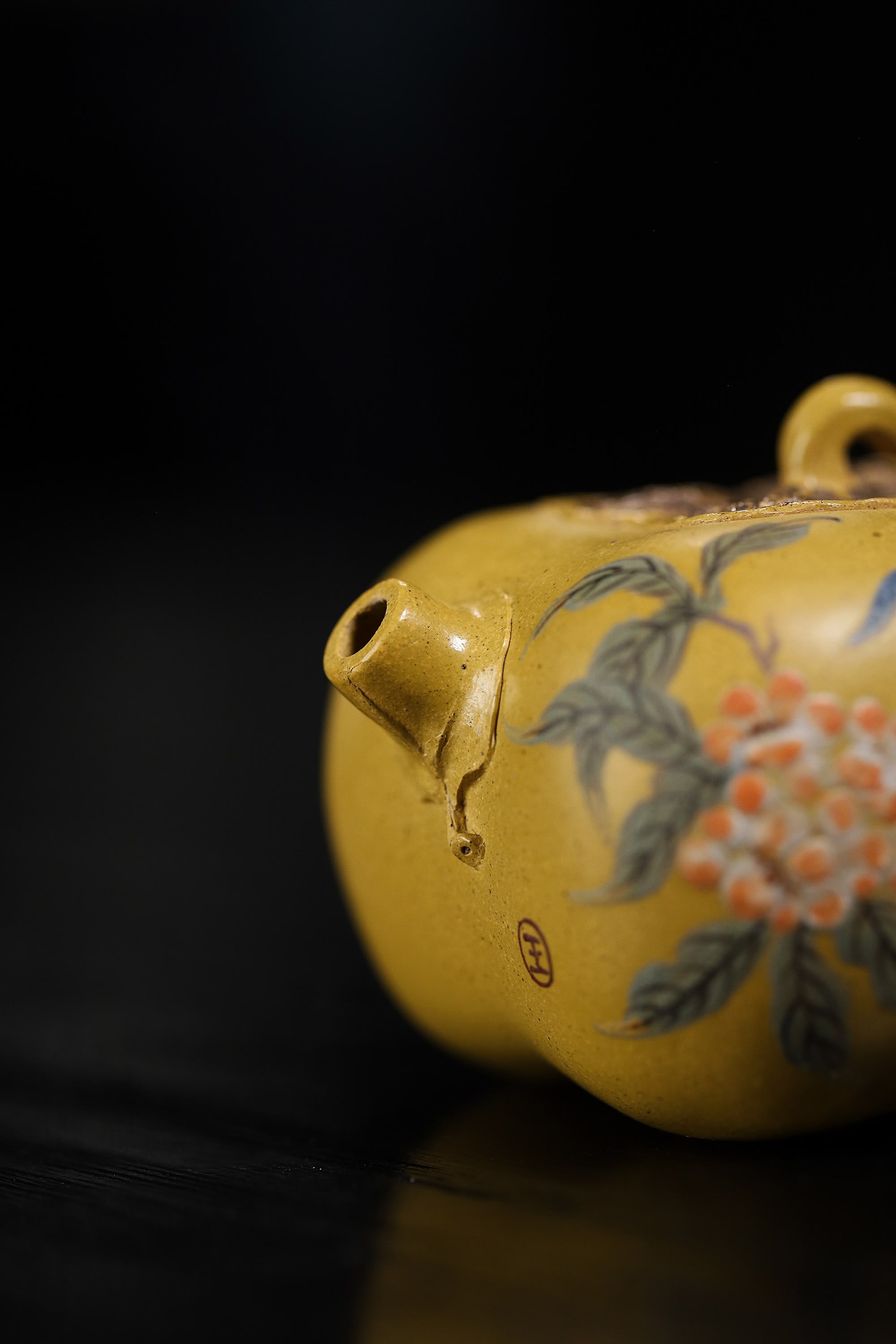 Persimmon-Shaped and Painted with Flowers and Birds Teapot Fully Handcrafted With Yixing  Golden Duanni Clay