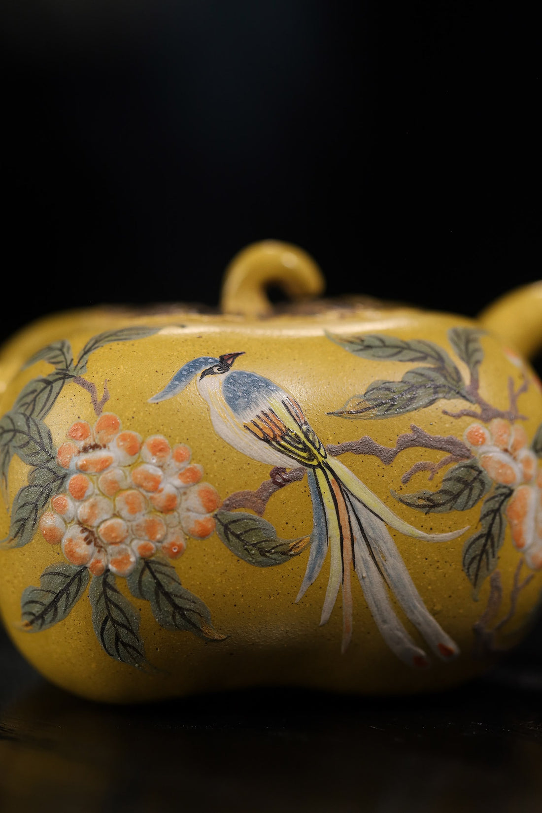 Persimmon-Shaped and Painted with Flowers and Birds Teapot Fully Handcrafted With Yixing  Golden Duanni Clay