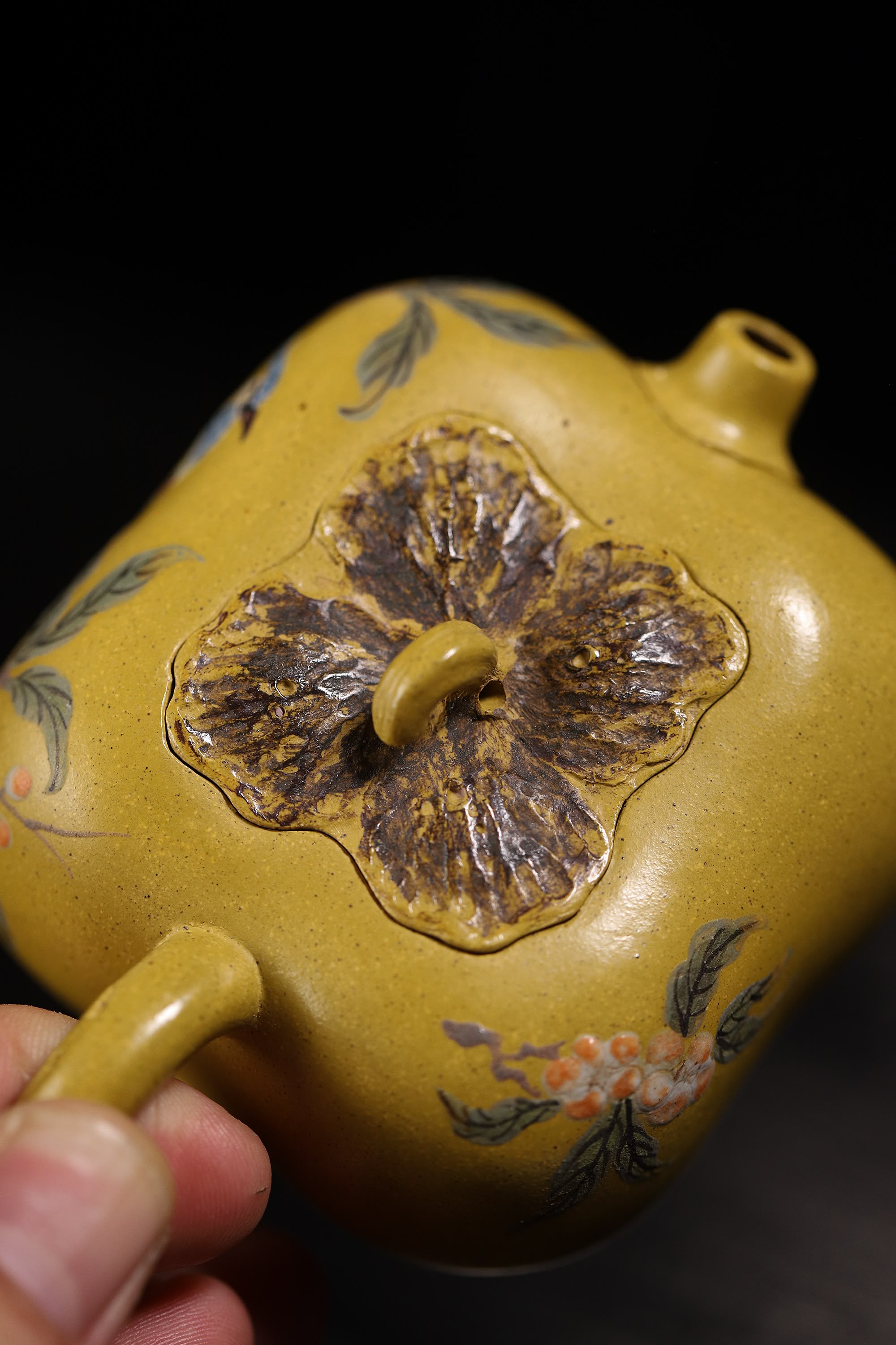 Persimmon-Shaped and Painted with Flowers and Birds Teapot Fully Handcrafted With Yixing  Golden Duanni Clay