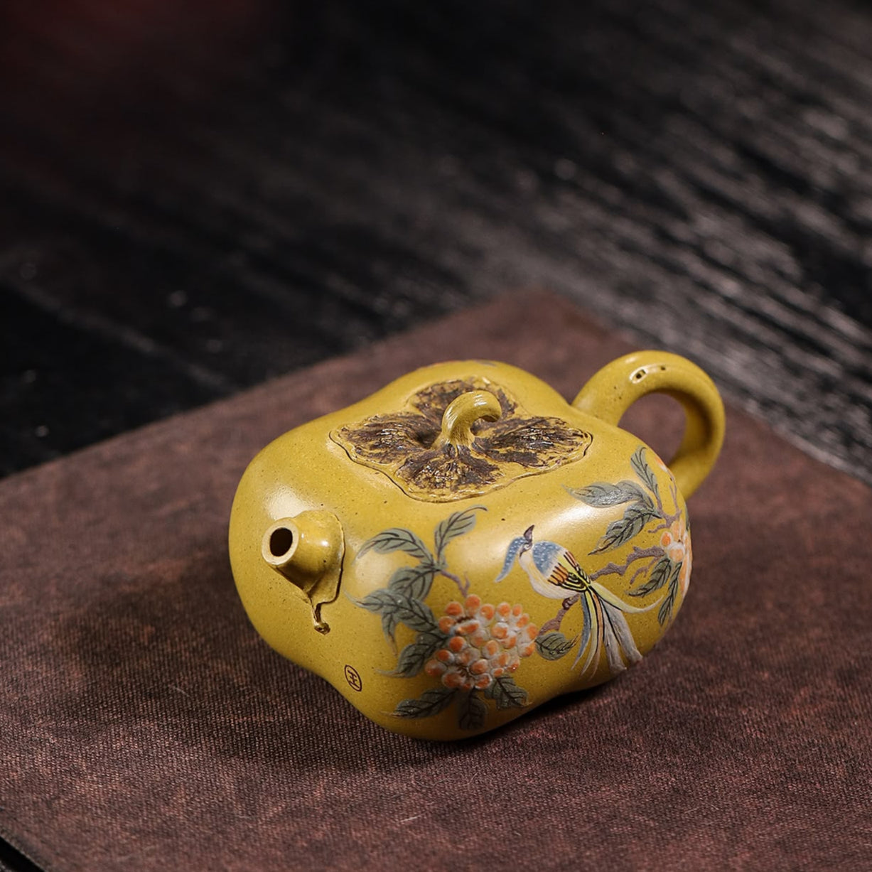 Persimmon-Shaped and Painted with Flowers and Birds Teapot Fully Handcrafted With Yixing  Golden Duanni Clay
