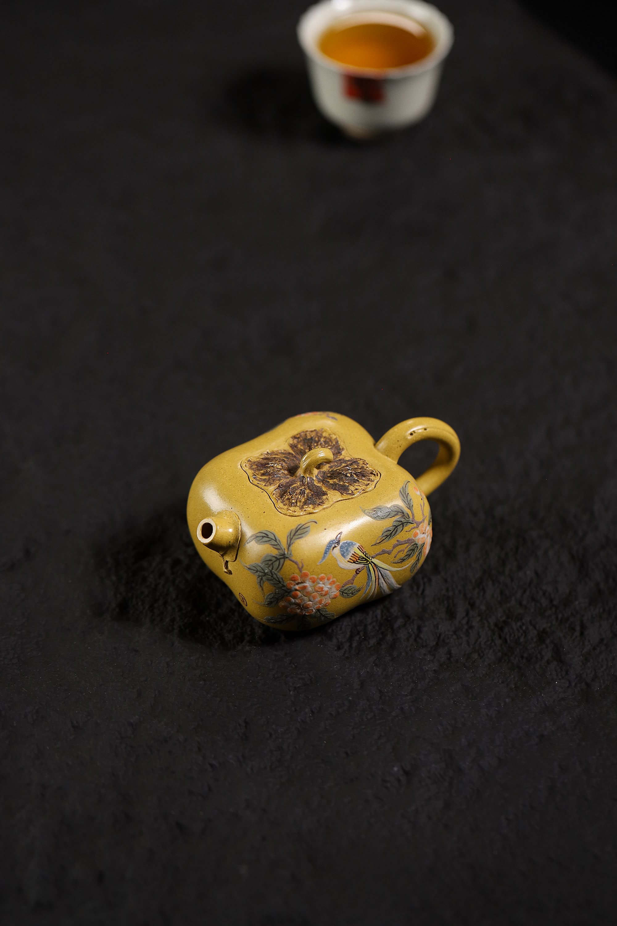 Persimmon-Shaped and Painted with Flowers and Birds Teapot Fully Handcrafted With Yixing  Golden Duanni Clay