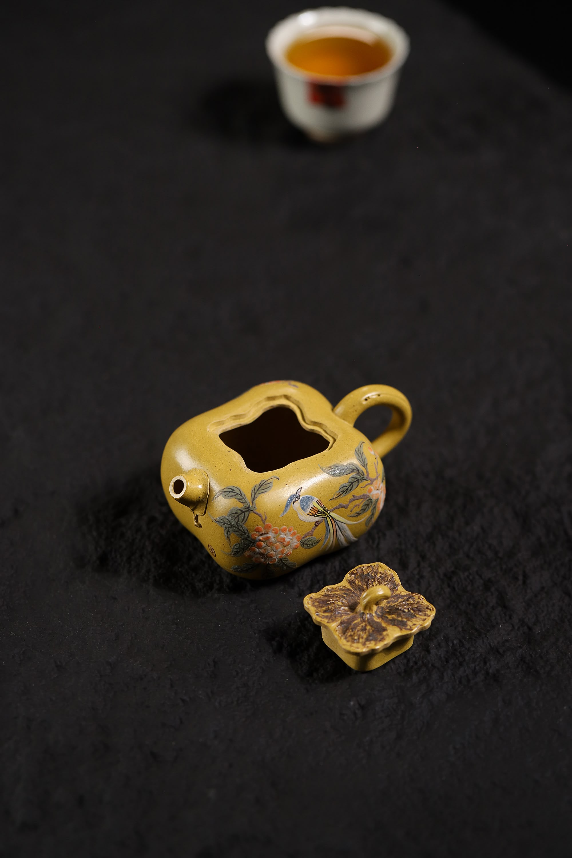 Persimmon-Shaped and Painted with Flowers and Birds Teapot Fully Handcrafted With Yixing  Golden Duanni Clay