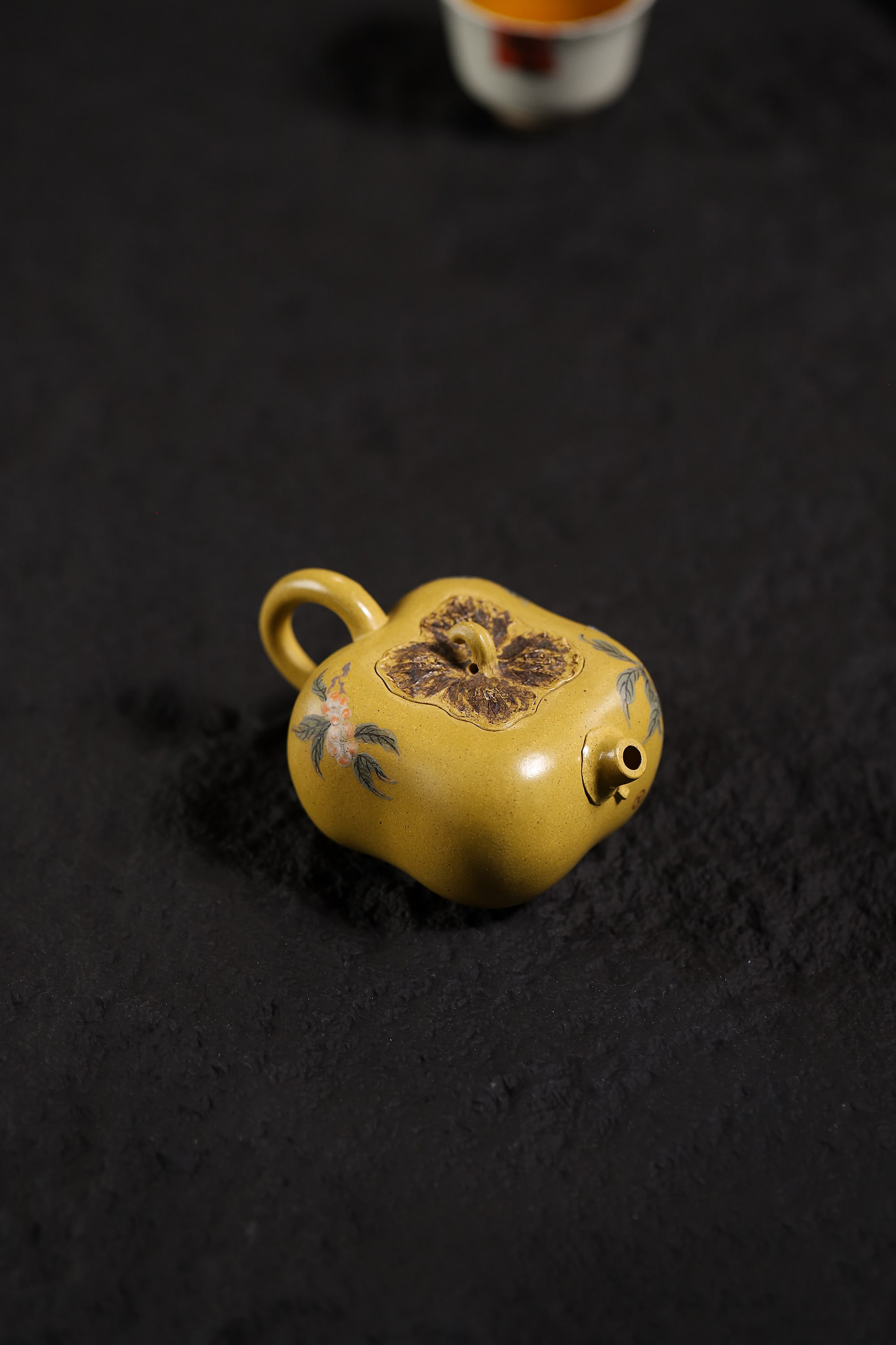 Persimmon-Shaped and Painted with Flowers and Birds Teapot Fully Handcrafted With Yixing  Golden Duanni Clay