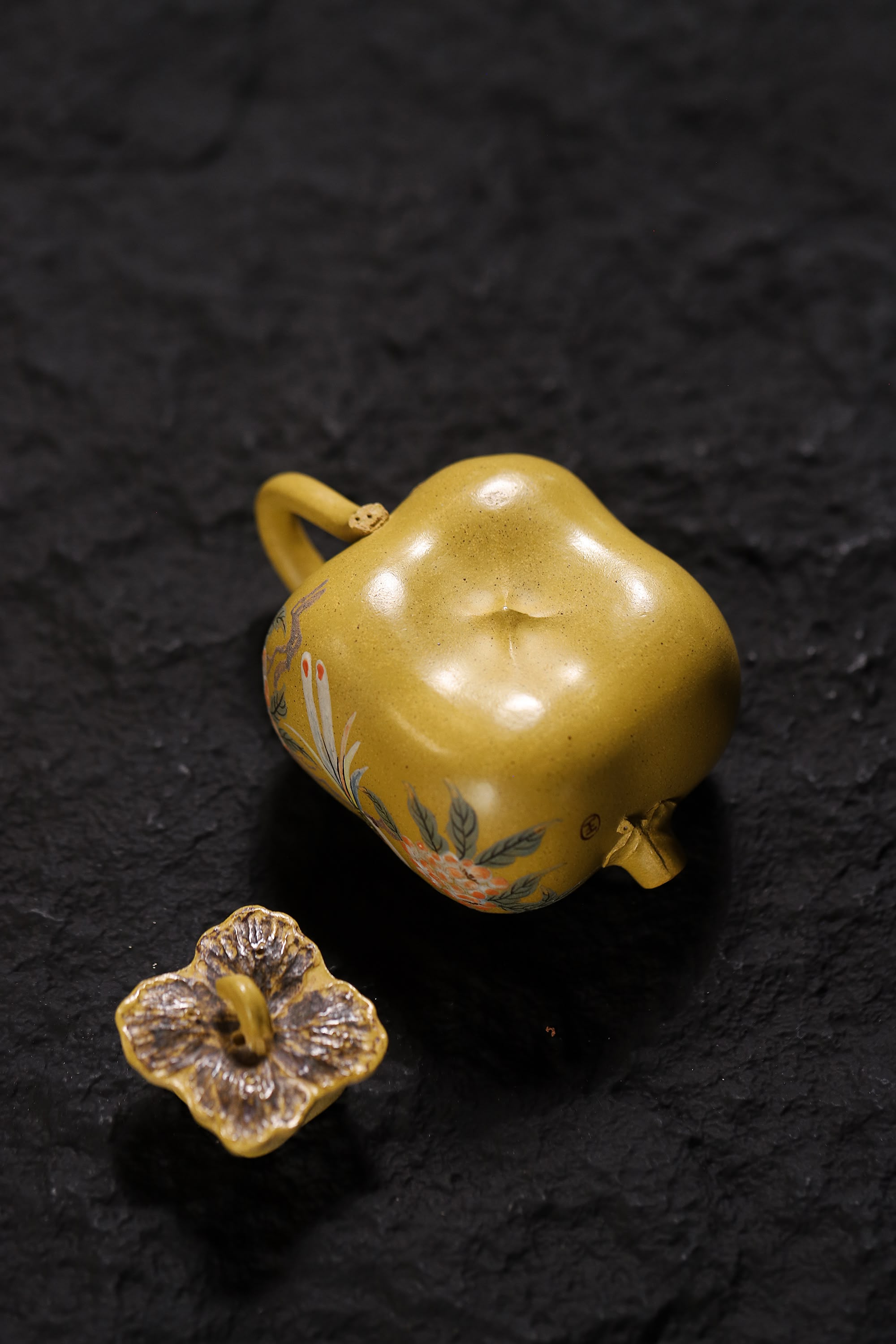 Persimmon-Shaped and Painted with Flowers and Birds Teapot Fully Handcrafted With Yixing  Golden Duanni Clay