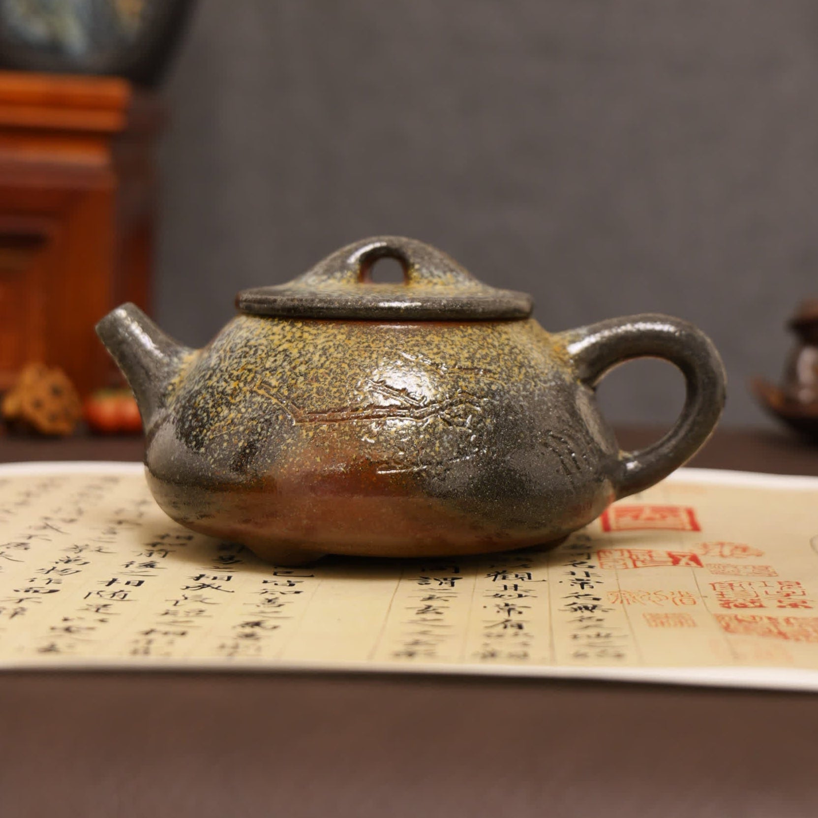 Plum Blossom Carving Fully Handmade Purple Clay 'Jingzhou Shi Piao' Yixing Teapot