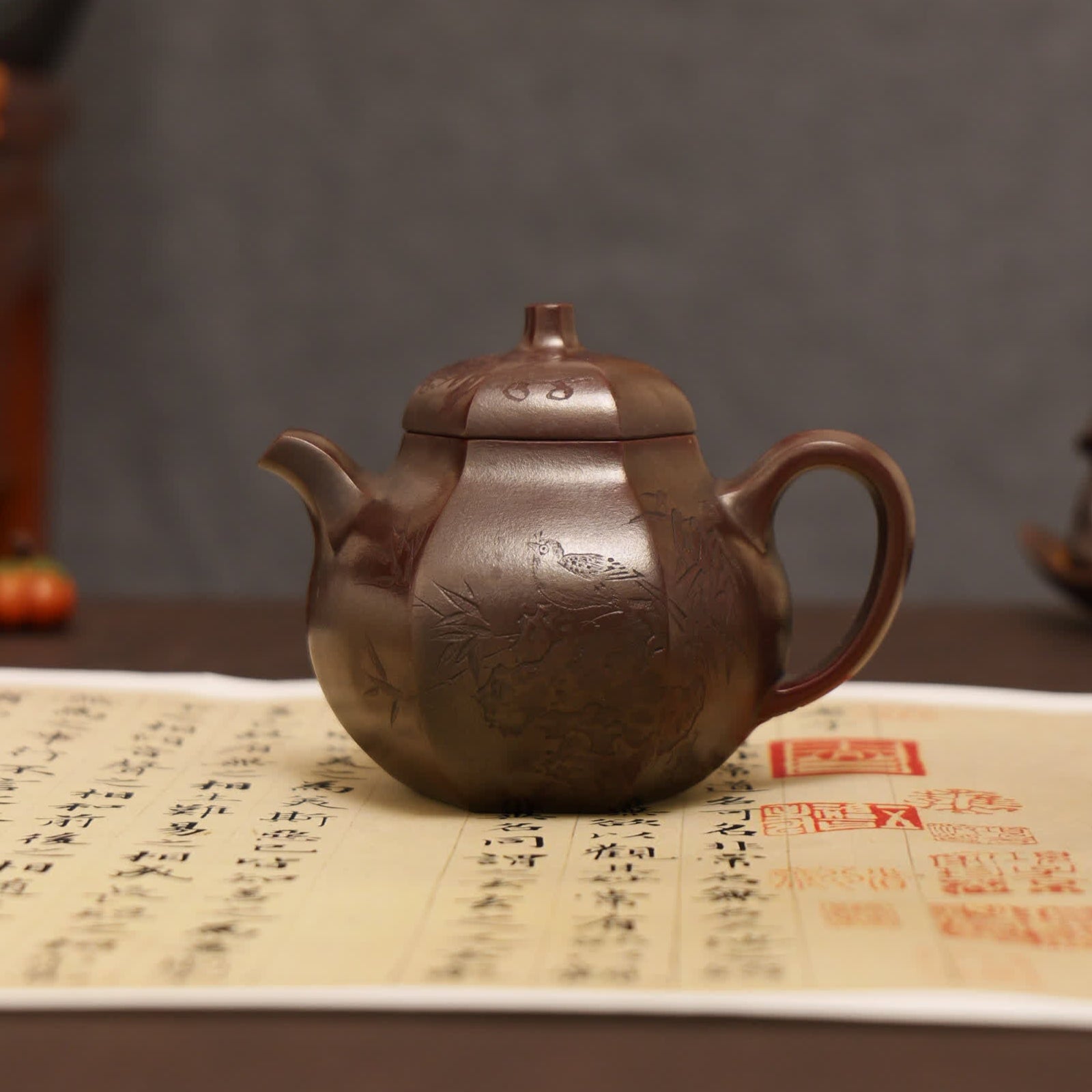 Plum & Bamboo Carving Fully Handmade Zijinsha-Purple Clay 'Hexagonal Eggplant' Yixing Teapot