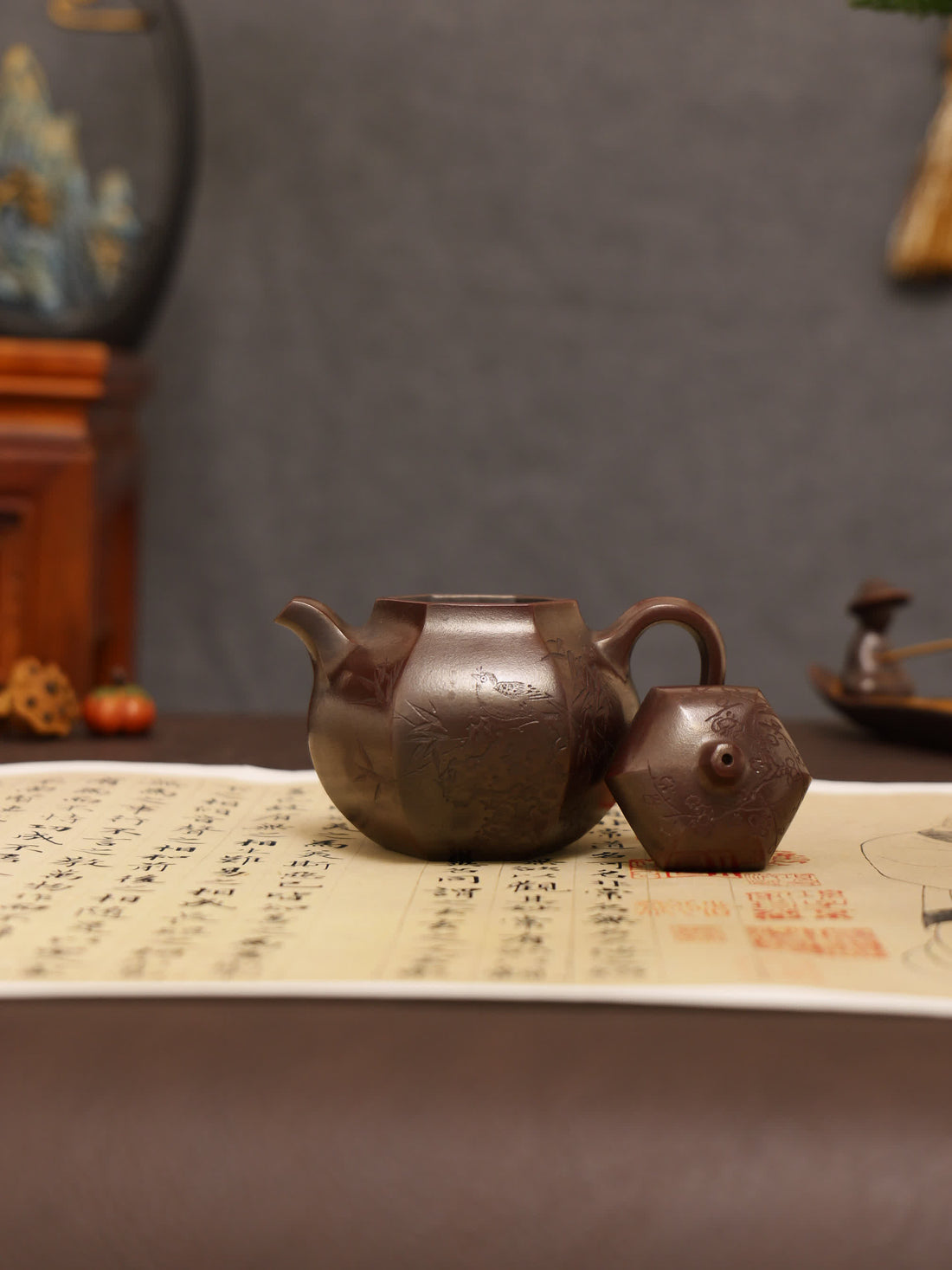 Plum & Bamboo Carving Fully Handmade Zijinsha-Purple Clay 'Hexagonal Eggplant' Yixing Teapot