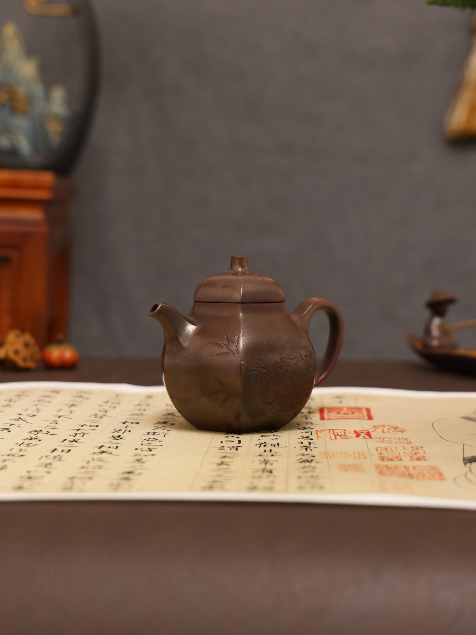 Plum & Bamboo Carving Fully Handmade Zijinsha-Purple Clay 'Hexagonal Eggplant' Yixing Teapot
