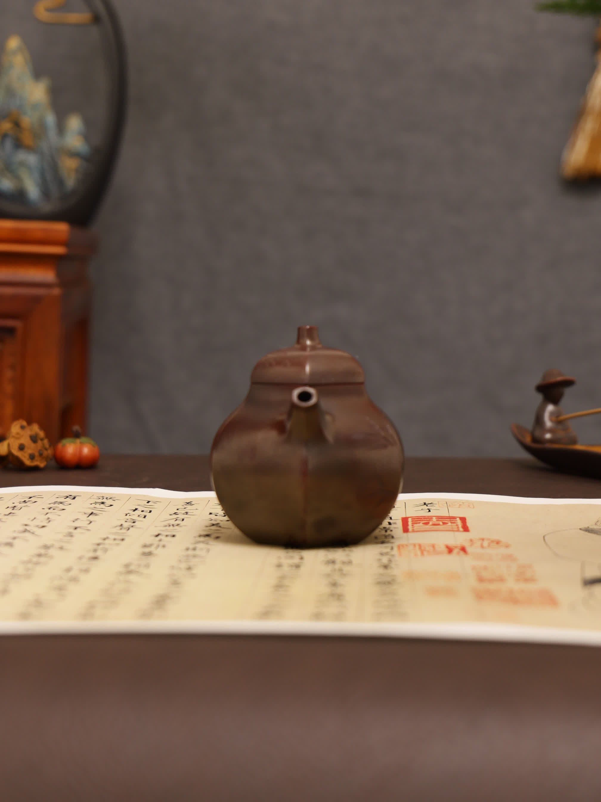Plum & Bamboo Carving Fully Handmade Zijinsha-Purple Clay 'Hexagonal Eggplant' Yixing Teapot
