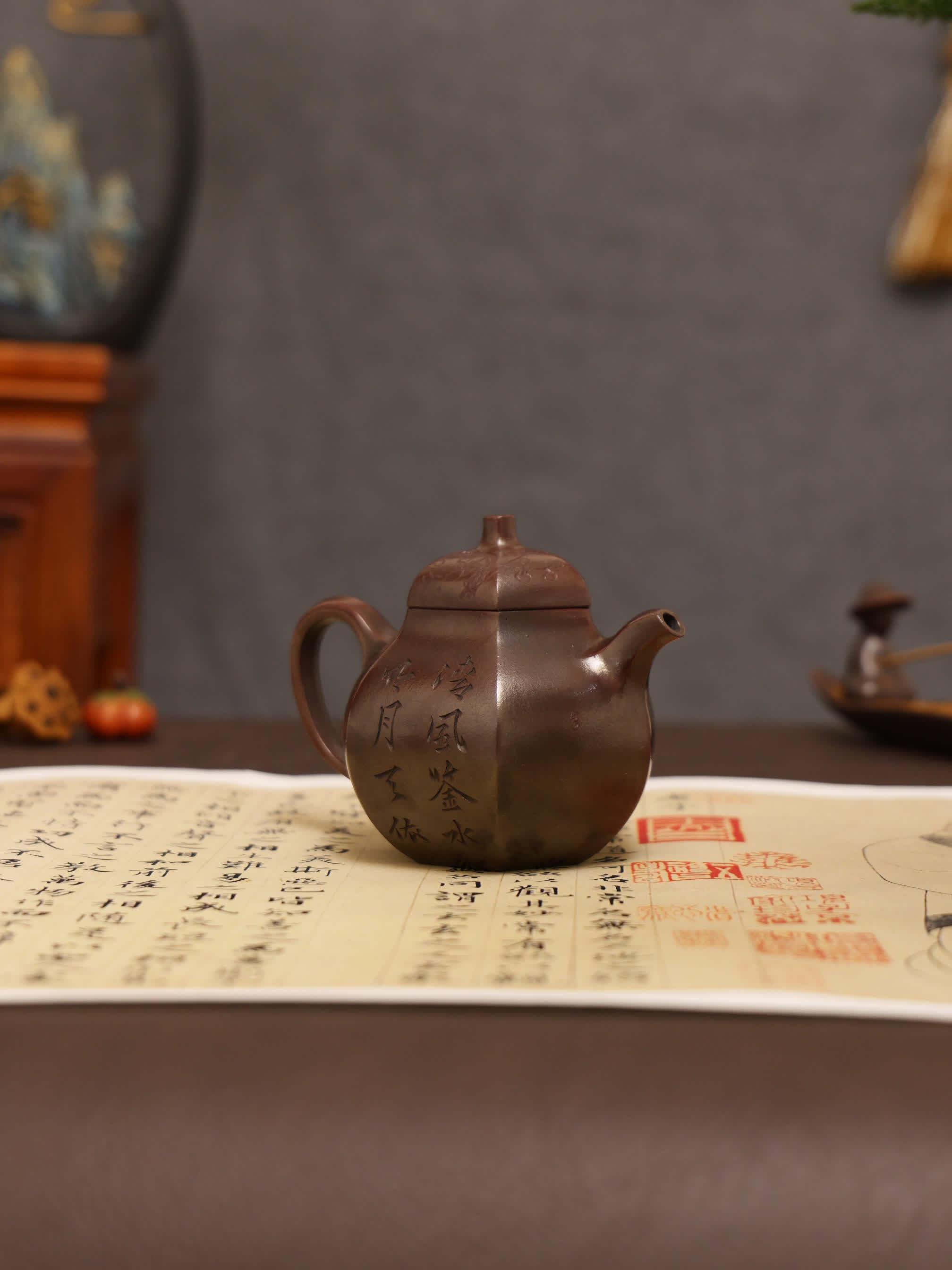 Plum & Bamboo Carving Fully Handmade Zijinsha-Purple Clay 'Hexagonal Eggplant' Yixing Teapot