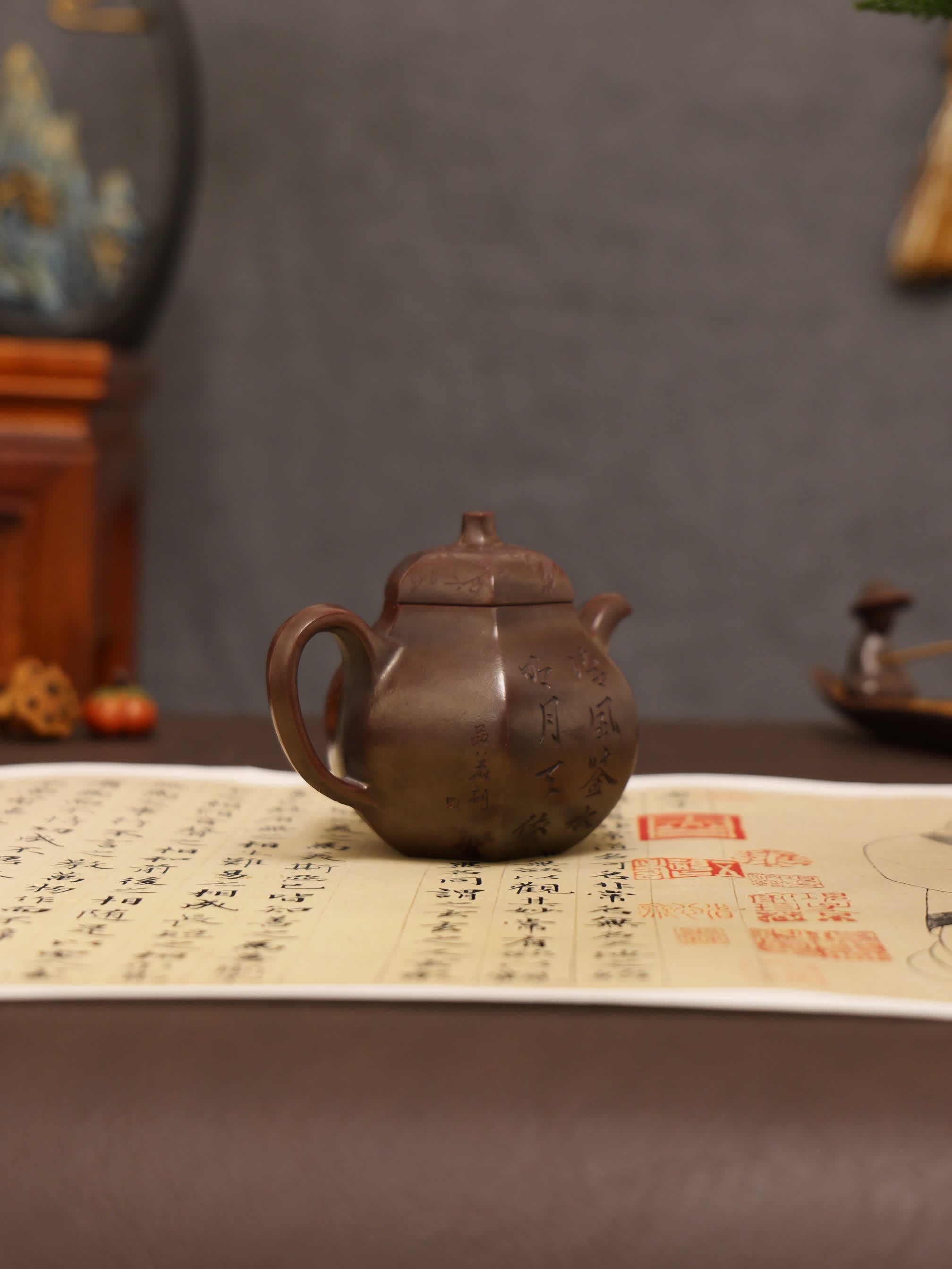 Plum & Bamboo Carving Fully Handmade Zijinsha-Purple Clay 'Hexagonal Eggplant' Yixing Teapot