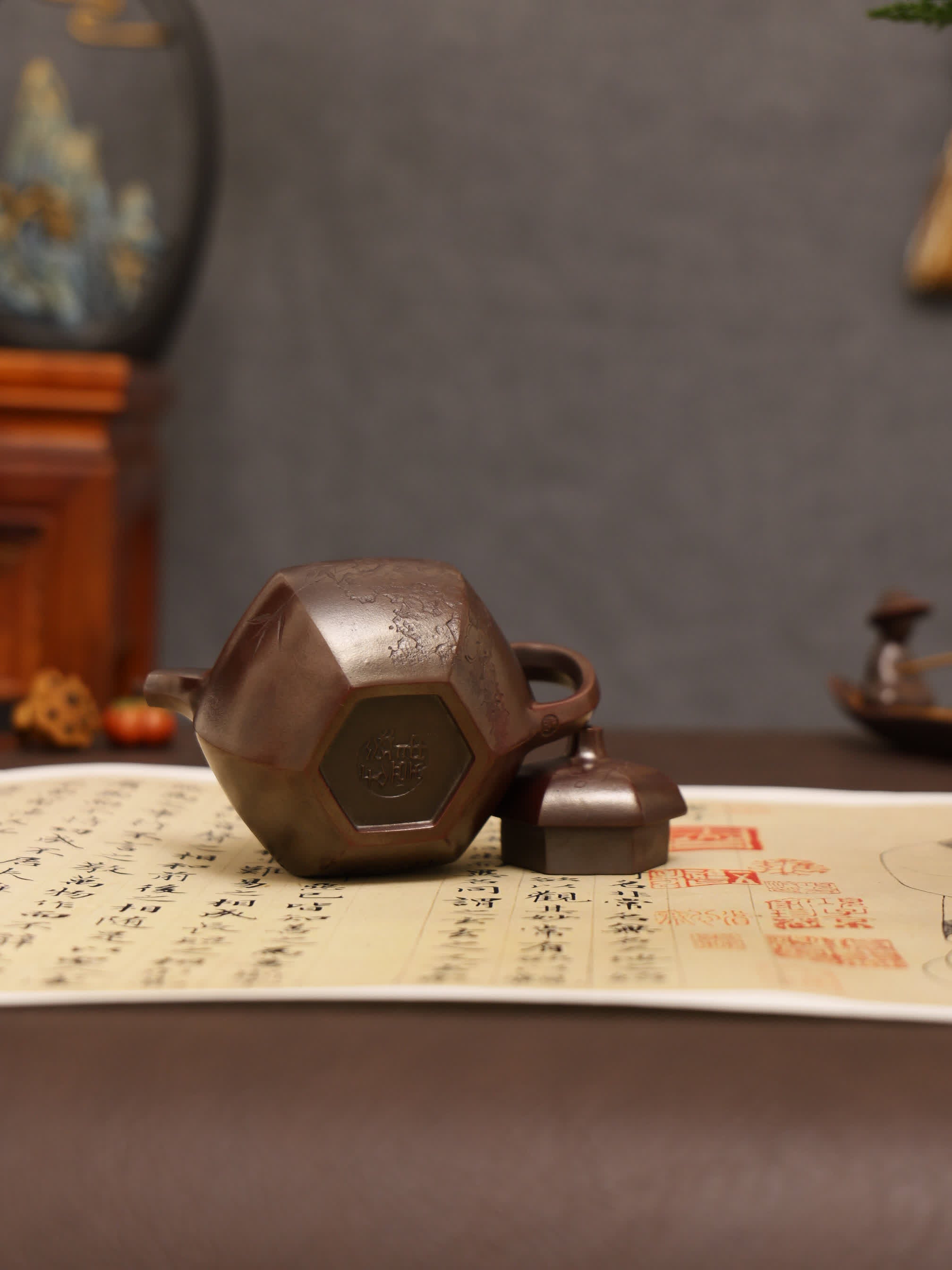 Plum & Bamboo Carving Fully Handmade Zijinsha-Purple Clay 'Hexagonal Eggplant' Yixing Teapot